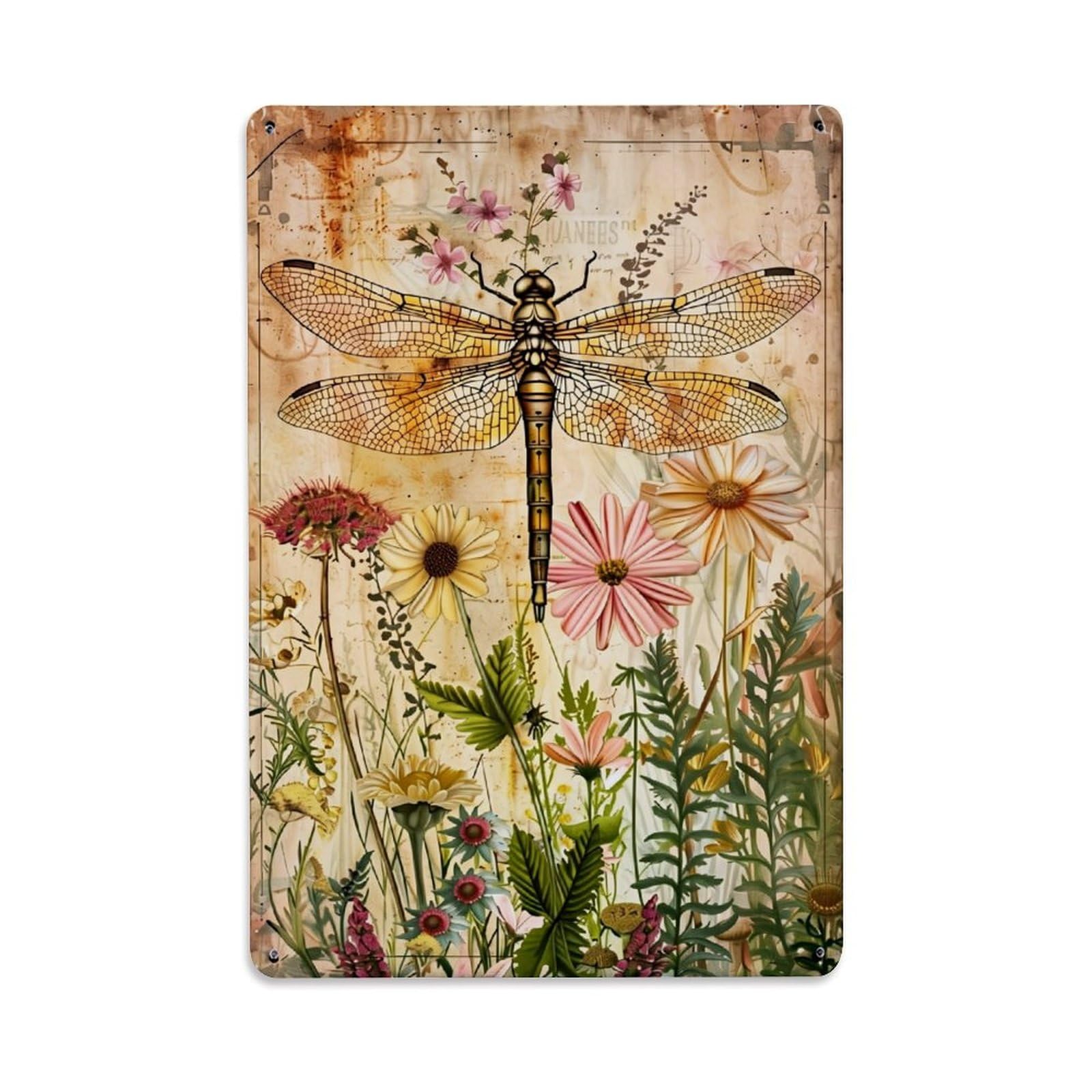 Jdyaojiesheng Vintage Dragonfly Flowers Art Print Tin Sign Retro Metal Wall Decor Metal Poster, Home Bar Garage Farmhouse Cafe Wall Art Decoration 8X12inches