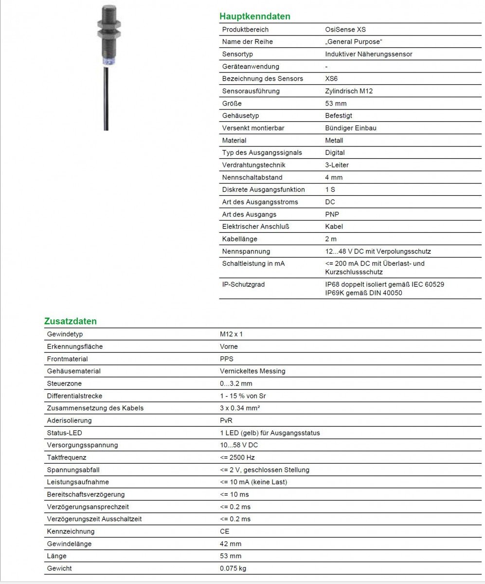 Schneider Electric XS612B1PAL2 Métal Détecteur Inductif XS6, Cylindrique M12, 4 mm Portée Nominale, 1 F, 2 m Câble, PNP, 53 mm Longueur
