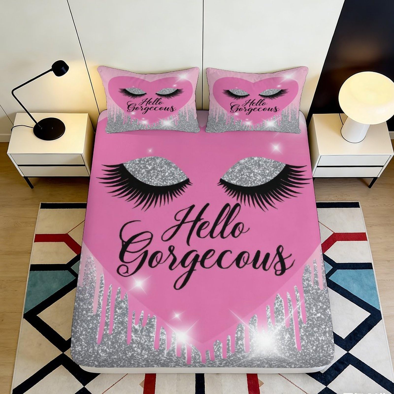 3D Printed Pink Glitter Eyelash Fitted Sheet Microfiber Hello Gorgeous Bed Cover for Bedroom Dorm Decorative Mattress Protection 90x200x25cm