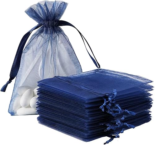 Bolsas de Regalo de Organza 100 Piezas con Cordón 4x6 pulgadas Azul Marino para Baby Shower, Cumpleaños de Niña, Recuerdos de Fiesta, Boda,