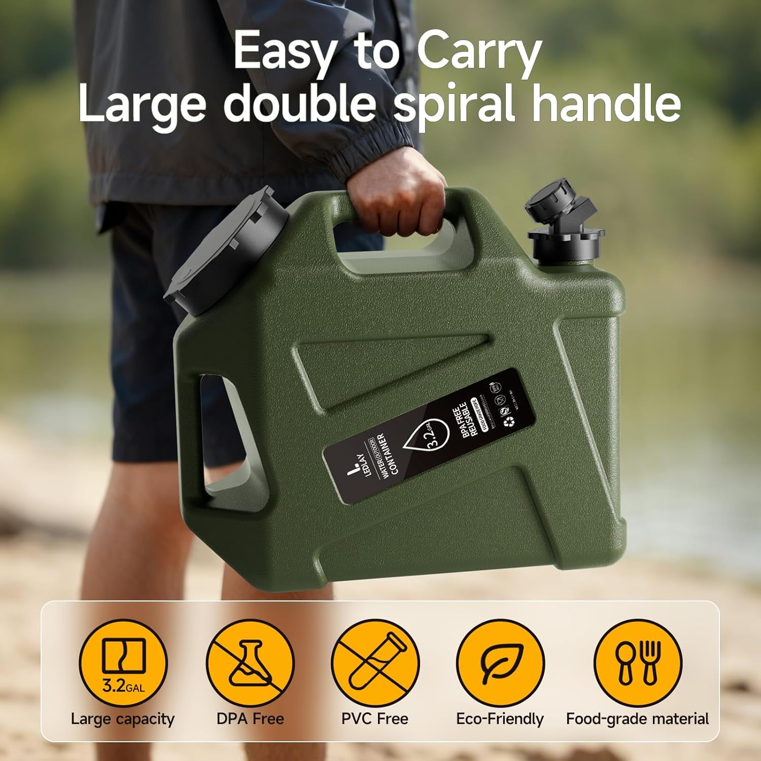 3.2GAL Camping Water Jug, Portable Water Storage Container with Spigot, Leak-Proof Lid & Dual Handles, Outdoor Water Tank for Camping, RV, Emergency Preparedness - Image 4