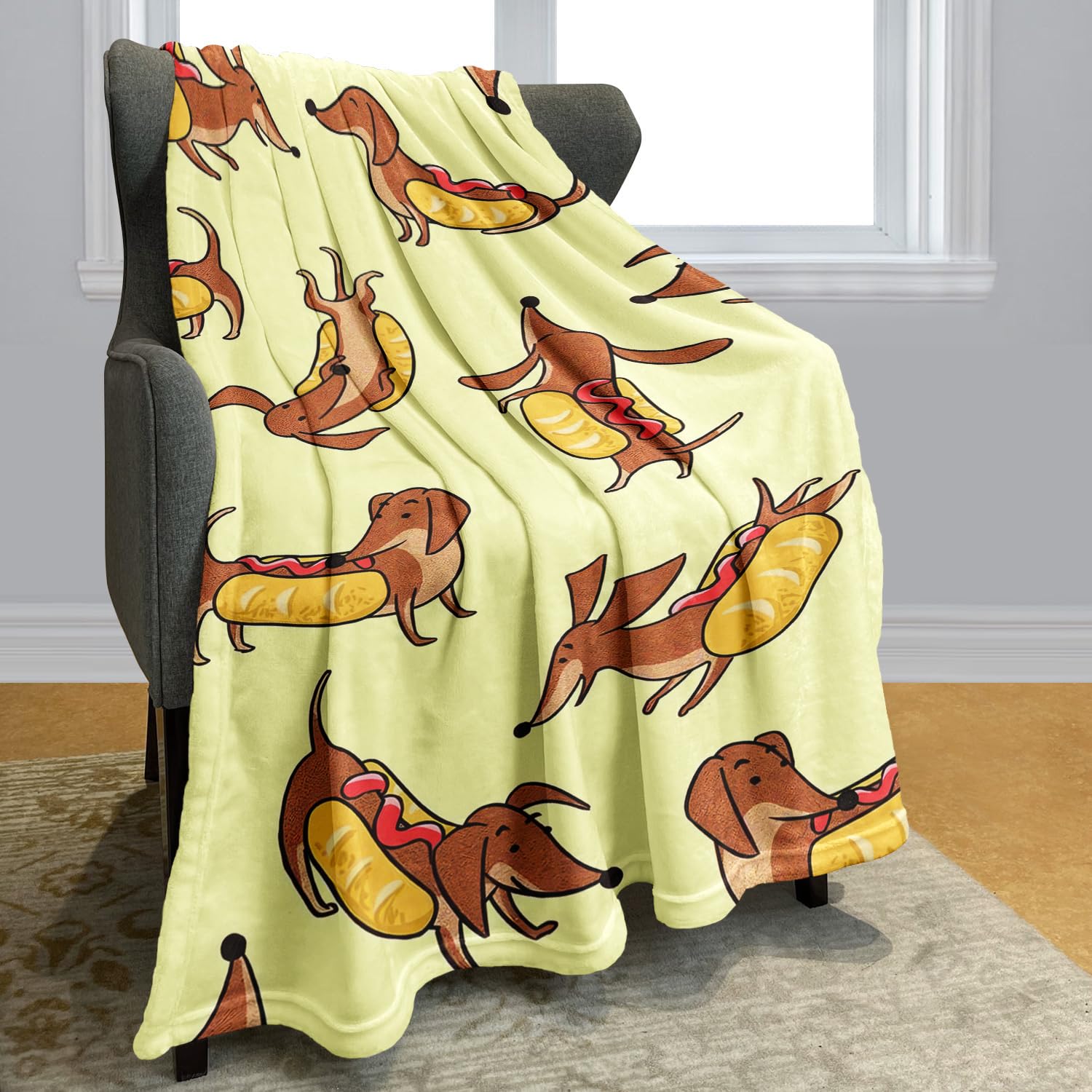 YISUMEI Kuscheldecke mit Dackel Hotdog Spaß, Super weiches Fleece, Überwurfdecke für Bettwäsche Couch Sofa, Schlafzimmer Wohnzimmer, Dekoration Decke, 150x200cm