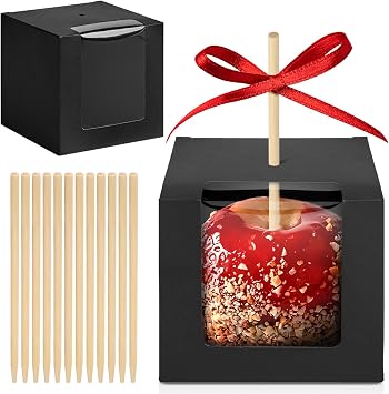 Ocmoiy Candy Apple Boxes with Sticks, 30 Pack, 4 x 4 x 4 Inches, Black | Caramel Apple Gift Box, With Clear Window, For Wedding, Party, Halloween, Christmas