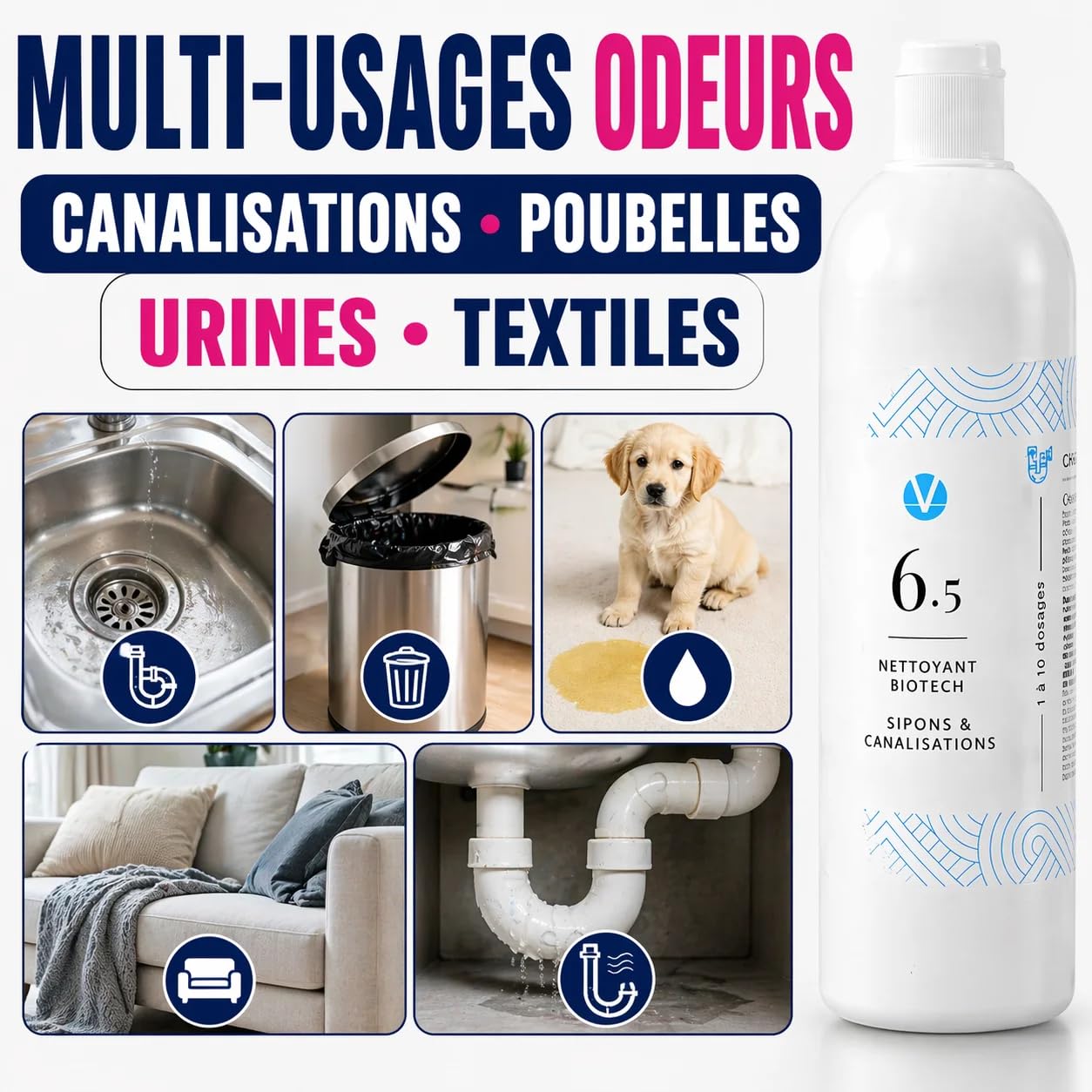 N°6.5 Canalisations Enzymatique Concentré – Odeurs Égout 50 Doses | 0,55€/dose, 1 à 2 ans d'autonomie, sans CMR ni perturbateurs endocriniens, sain pour animaux, Qualité Pro, fabriqué en France