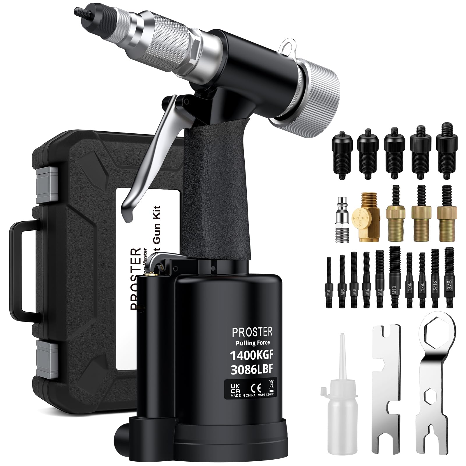 Proster Remachadora de Tuercas Neumática con 5 Mandriles Métricos M4/M5/M6/M8/M10 y 6 Husillos Adicionales 1400KGF Remachadora de Aire Comprimido para Industria Maquinaria Automóvil-Negro