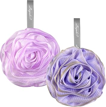 LAYUKI Bath Loofah, Shower Loofah, Body Loofah, Bath Sponge, Shower Sponge, Body Sponge, Bath Scrubber, Shower Scrubber, Body Scrubber, Rose-Shaped, Elegant Set of 2 Pieces,Purple and Grey