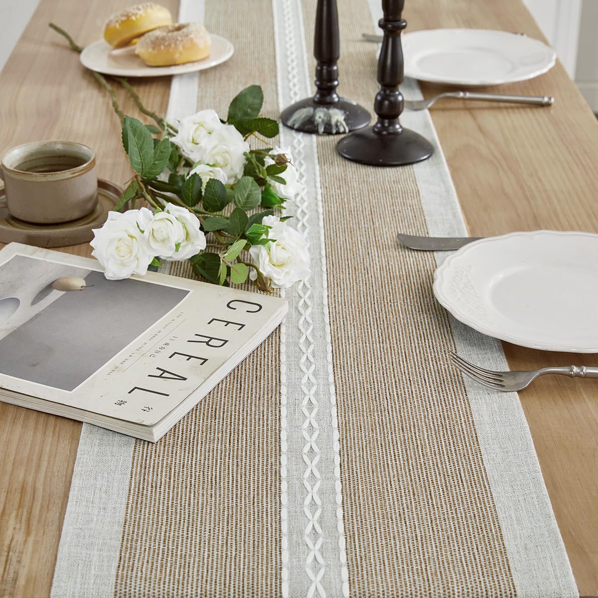 Wracra Runner da tavola in Lino e Cotone con Ricamo, Runner da Tavolo caffè da Esterno per Interni in Stile casalingo 275cm per Decorazioni di Cucina per Sala da Pranzo di Partito