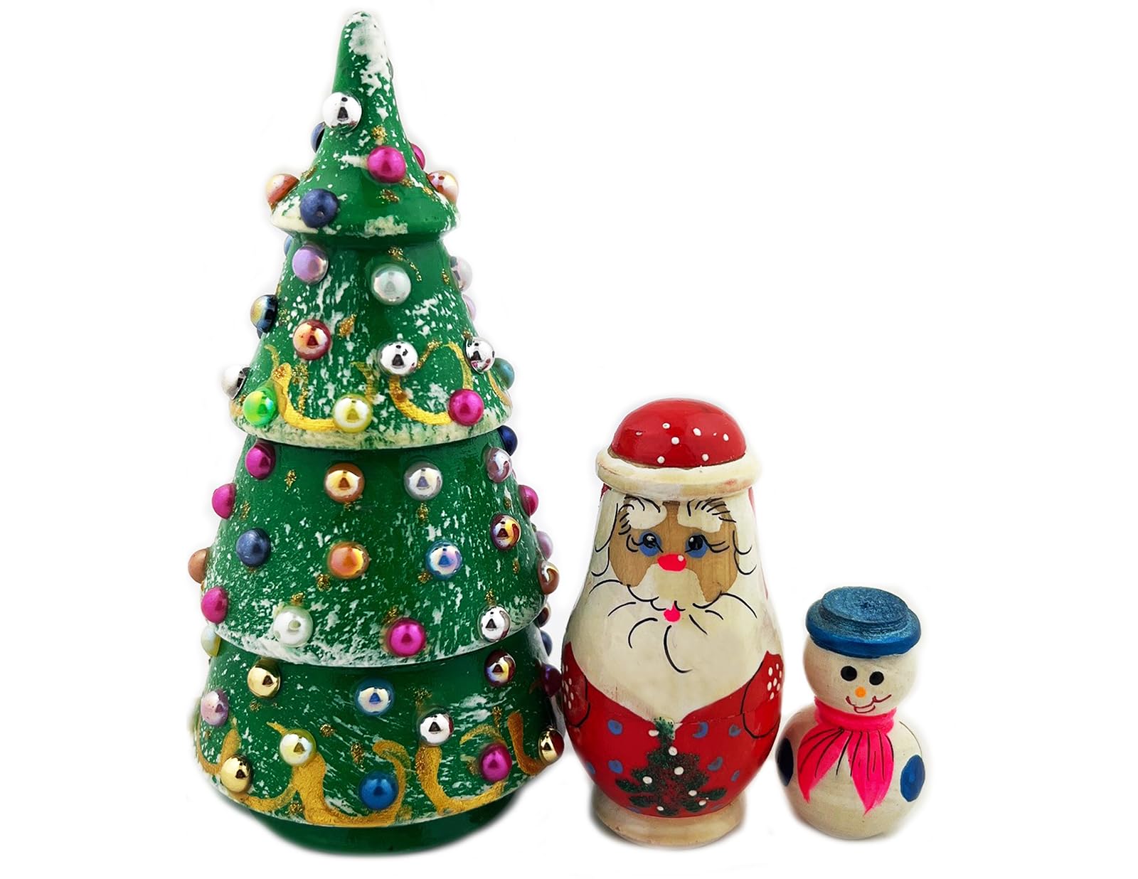 Needzo Hand Carved and Painted Russian Christmas Tree Nesting Doll, Surprise, Santa Claus Snowman, Beaded Tree 5 1/4 Inch