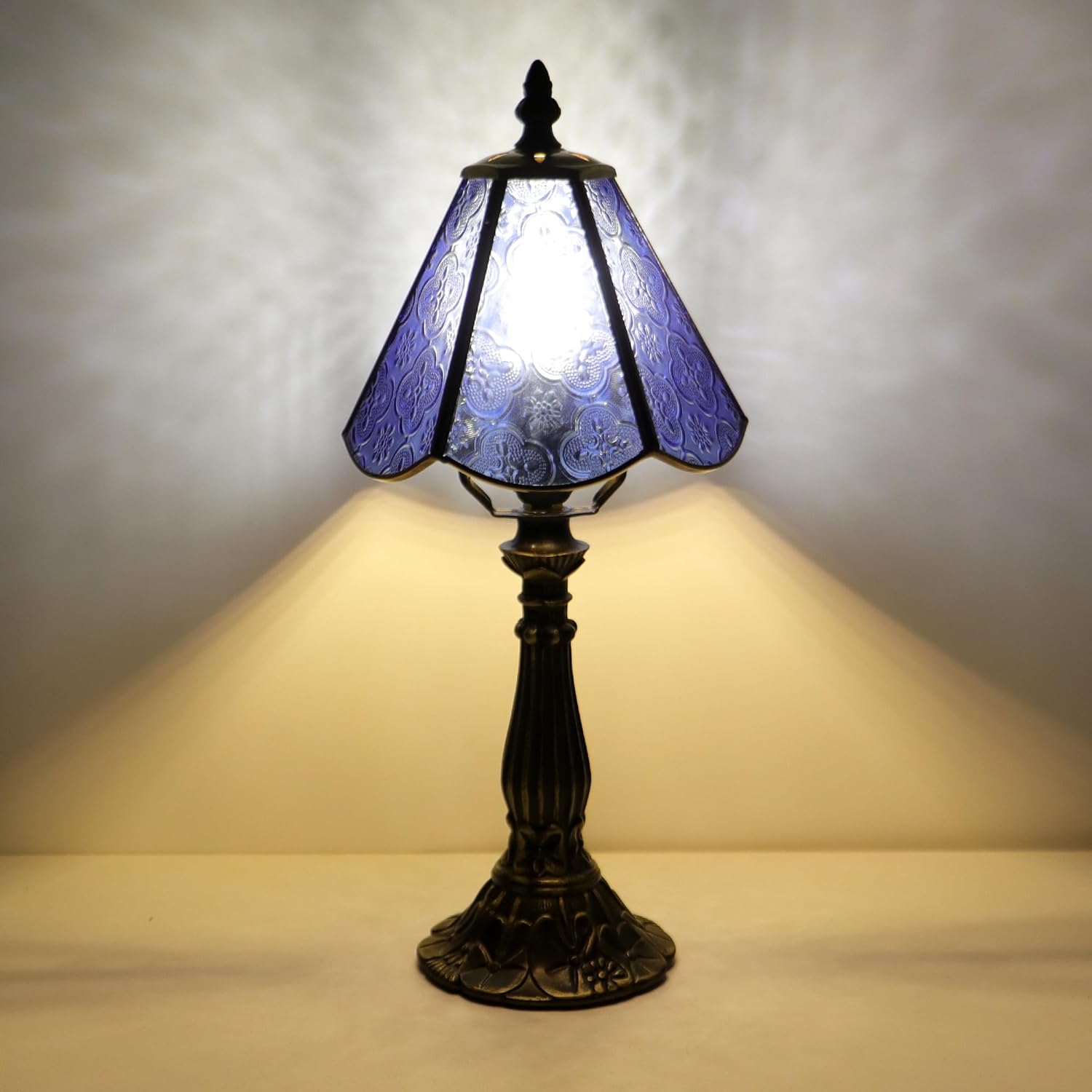 Small Tiffany Table Lamp Blue Plum Blossom Style Stained Glass Desk Lamps 6X6X14 Inch Bronze Resin Base Antique Mini Accent Light