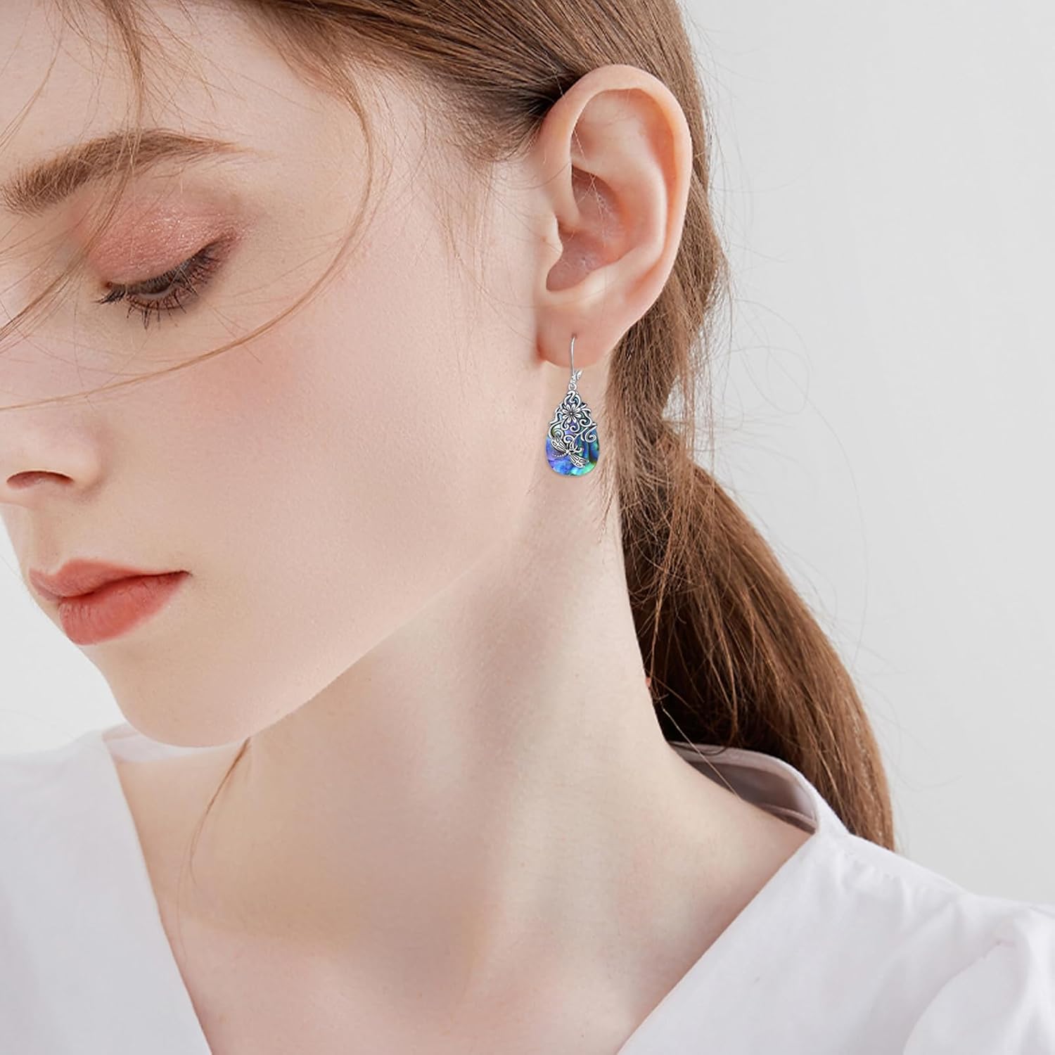 POPLYKE Dragonfly Butterfly Hummingbird Sunflower Earrings 925 Sterling Silver Abalone Shell Moonstone Leverback Earrings Jewelry - Image 2