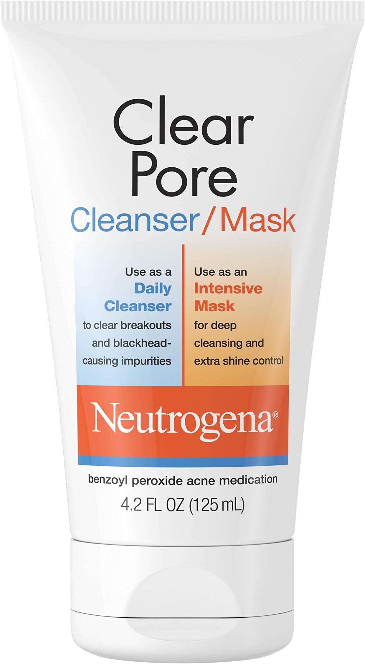 Neutrogena Clear Pore Facial Cleanser / Face Mask containing Kaolin & Bentonite Clay, Acne Treatment with Benzoyl Peroxide, 4.2 fl. oz