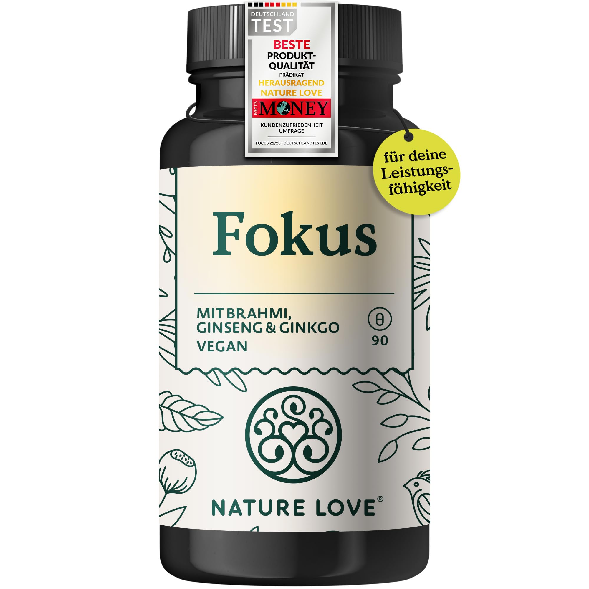 NATURE LOVE® Fokus – 90 Kapseln – mit Ginseng, Ginkgo Biloba, Brahmi & Cholin – Alternative zu Konzentrations Tabletten & Brain Booster – vegan, laborgeprüft, in Deutschland produziert