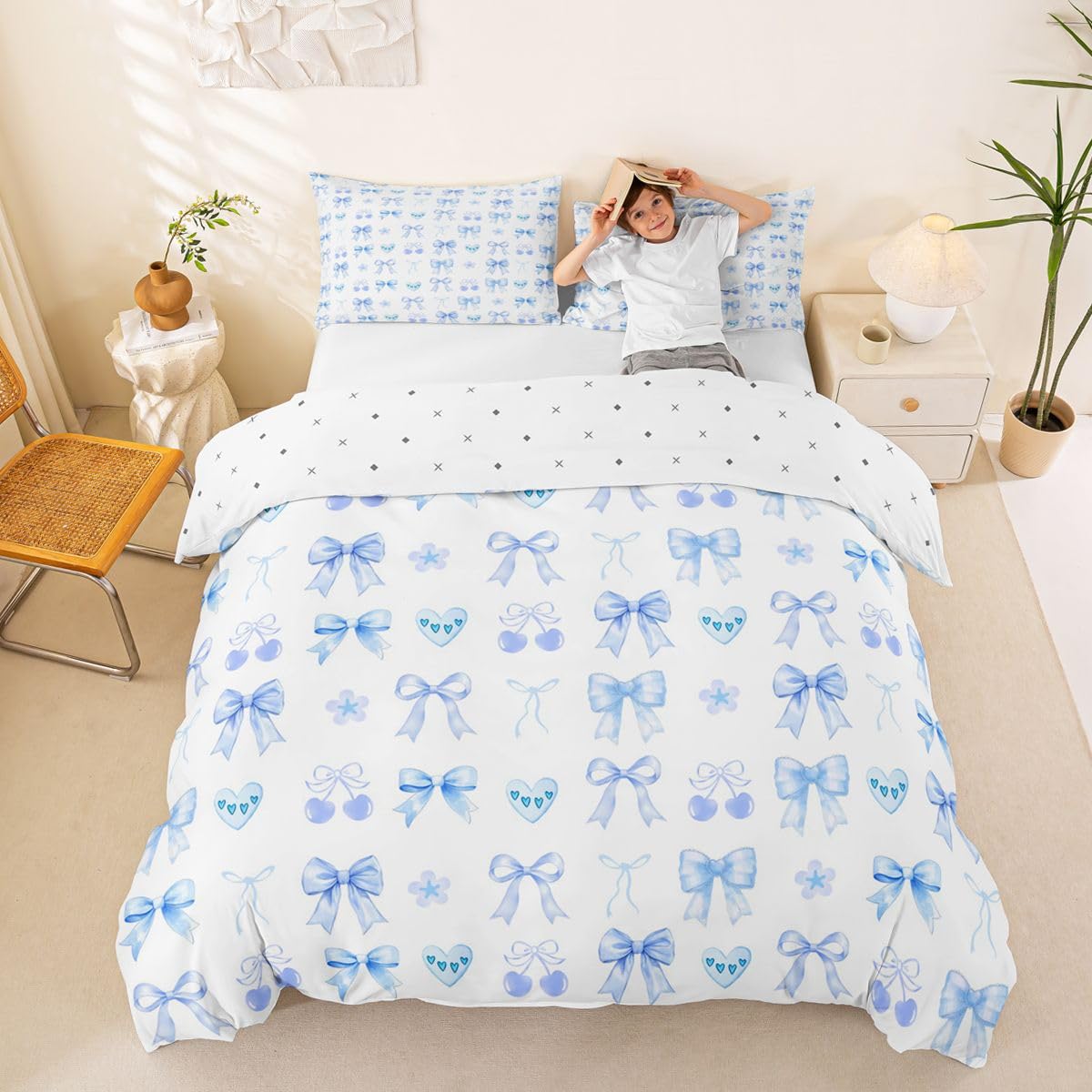 Homewish Blue Cherry Bow King Size Zestawy poszewek na kołdrę dziewczęca urocza pościel w kształcie serca dla dorosłych nastolatków kobiet urocza wstążka kokardka poszewka na kołdrę miłość walentynki