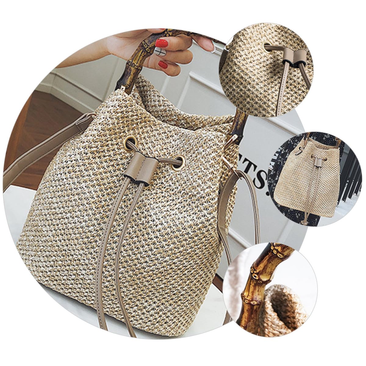 ifundom Borsa Secchiello Intrecciata in Lino e Poliestere, Khaki | Tracolla Crossbody Intrecciata, Chiusura a Coulisse, Stile Semplice e Generoso