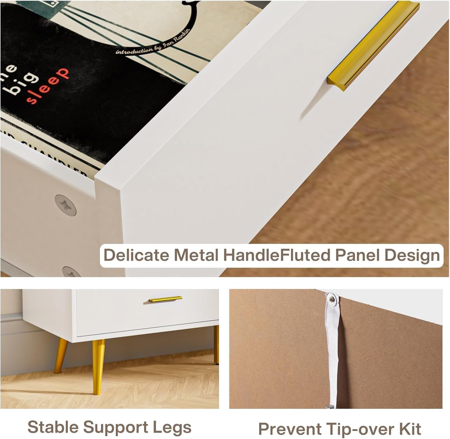 Close-up of furniture features including stable support legs and a prevent tip-over kit