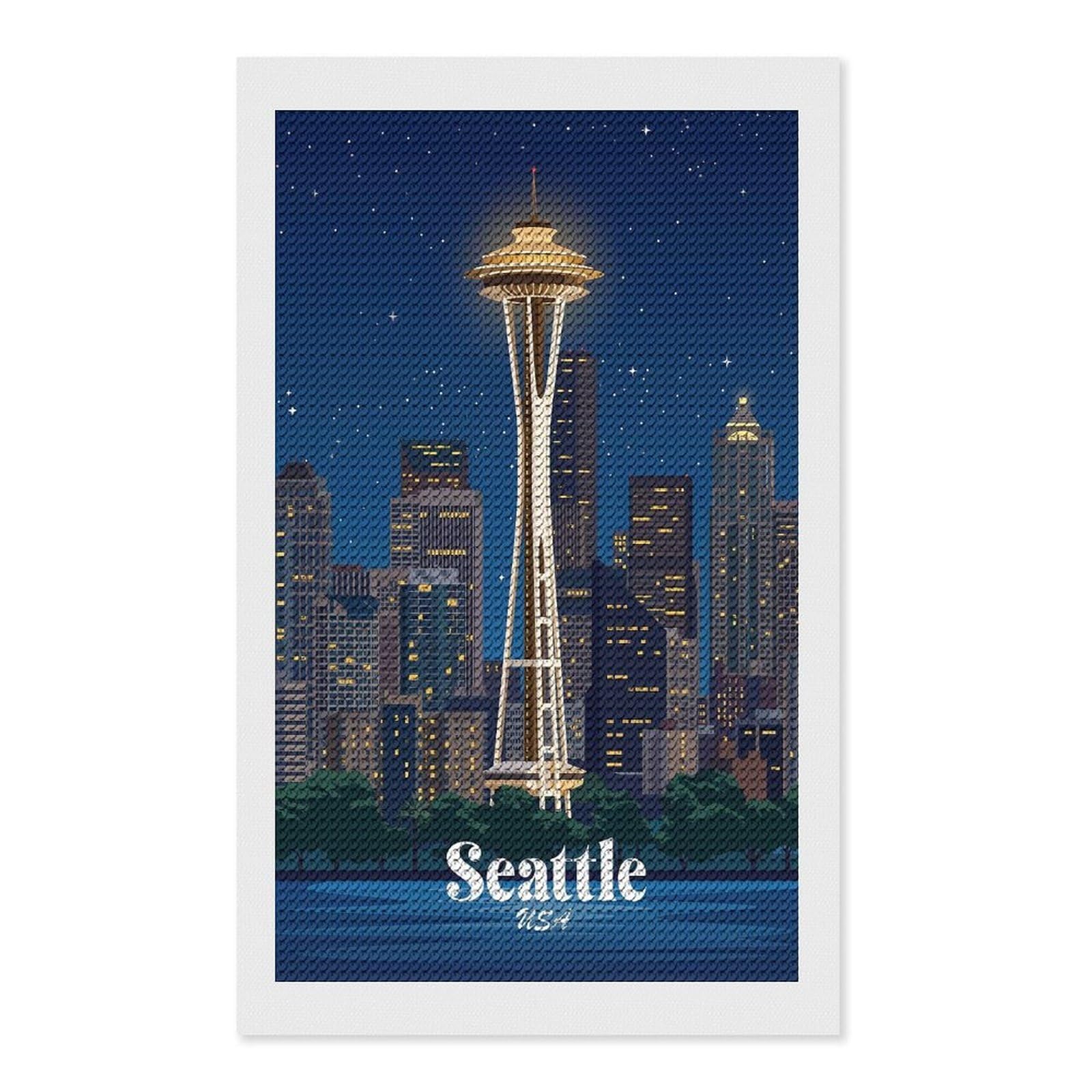 Junmoney Seattle Space Needle at Night Diamond Art Canvas 12"x20", Full Kit Included, Bedroom Decor, for Beginners, Thoughtful Handmade Gift