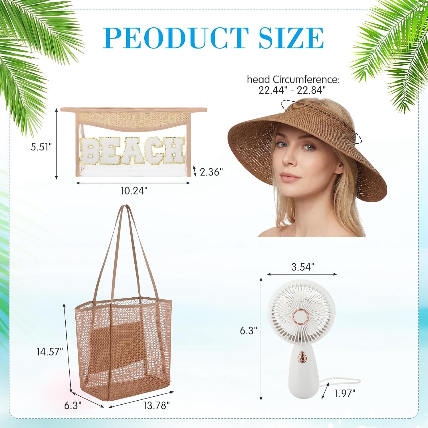 Hsei 4 Pcs Beach Gifts Set for Women Beach Tote Bag, Sun Hats, Makeup Bags, Handheld Fan Beaches Essentials for Summer Travel