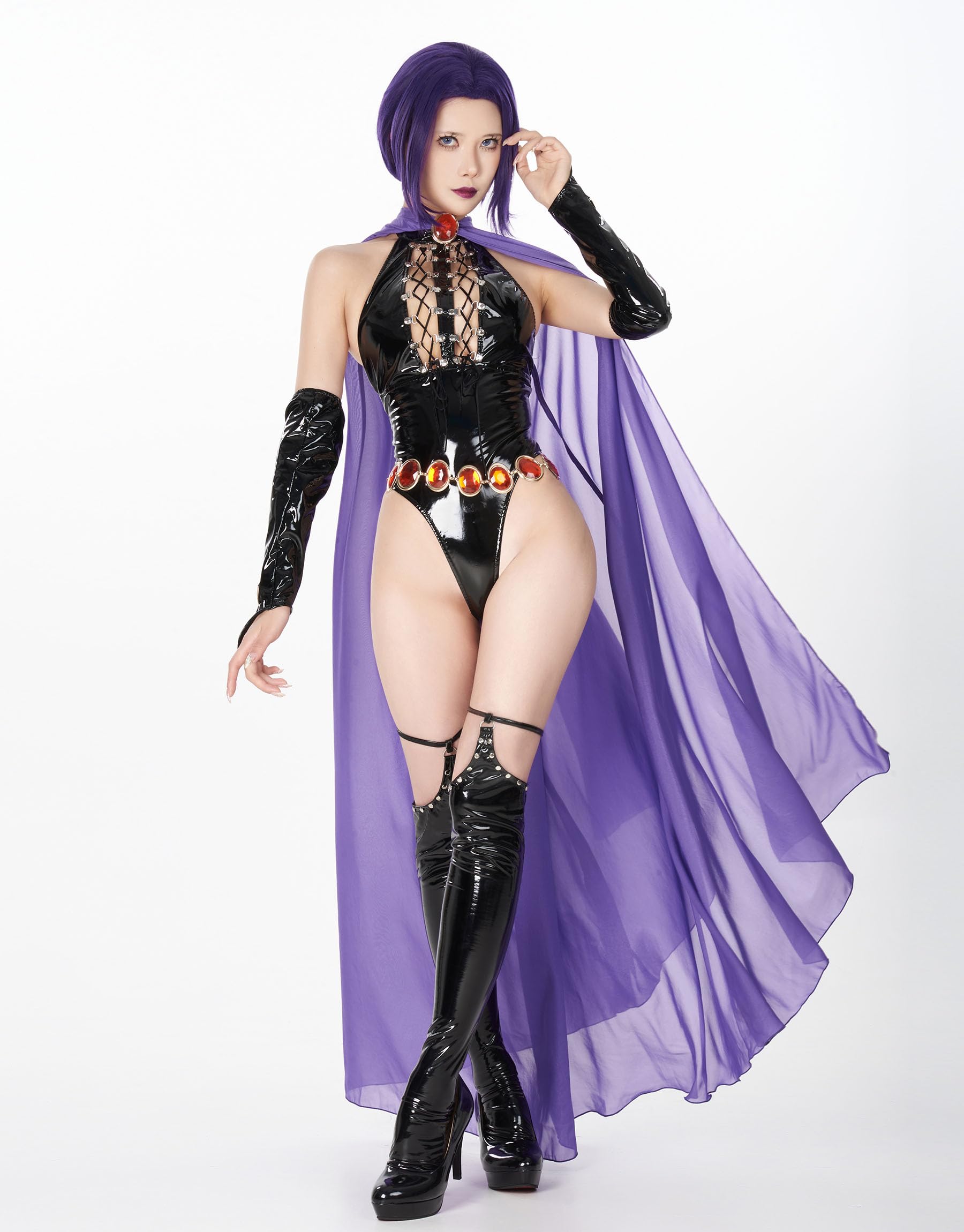 MEOWCOS Bodysuit Women One Piece Babydoll Gothic Halter Backless Front Hollow Bodysuit with Cloak and Chain: Large Black and Purple