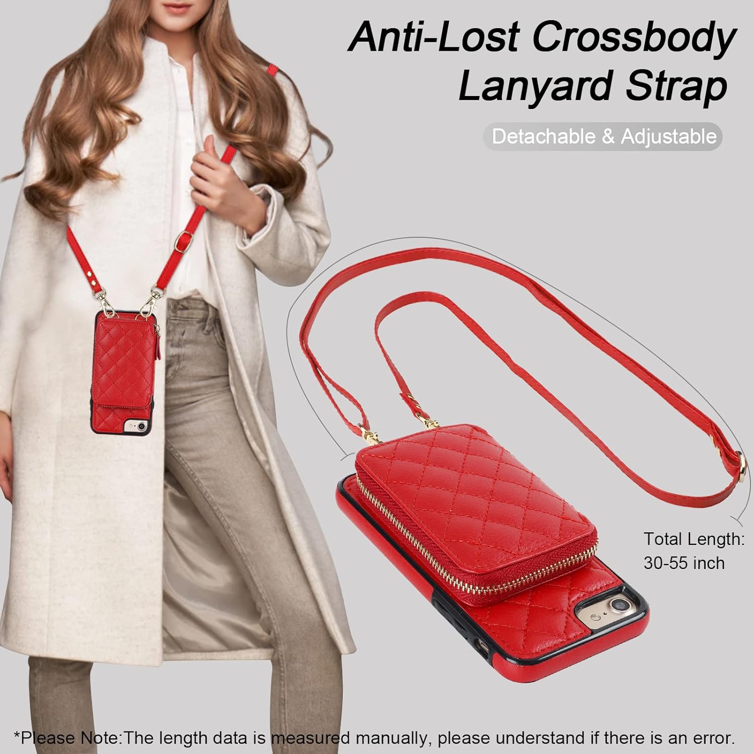 Bocasal Crossbody Wallet Case for iPhone SE 2022/SE 2020/8/7, RFID Blocking PU Leather Zipper Handbag Purse Flip Cover, Kickstand Folio Case with Card Slots Holder Wrist Strap Lanyard 4.7 Inch (Red)