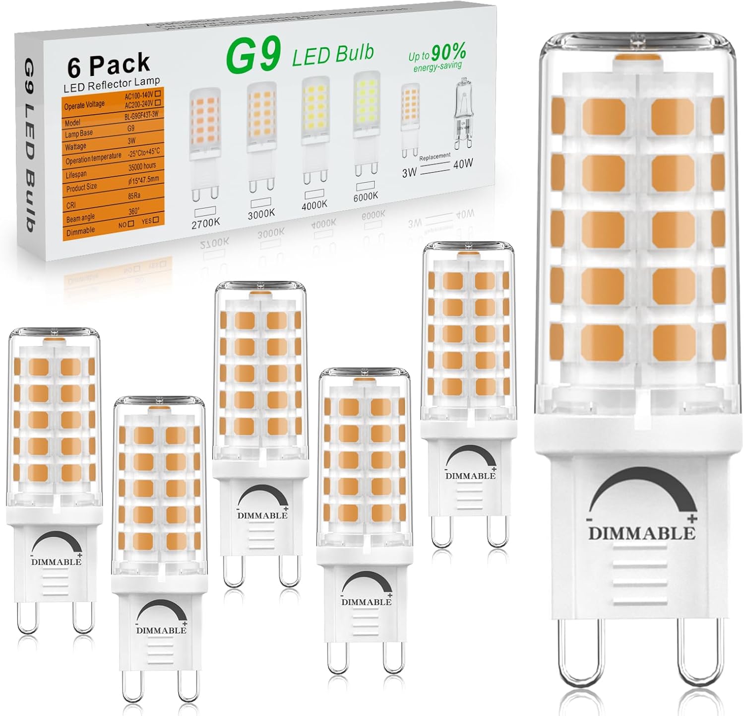 Dimmbare G9 LED Lampe Warmweiß 2700K, 3W Leuchtmittel Ersatz für 40W Halogenlampe, AC 220-240V, Kein Flackern, 360° Abstrahlwinkel, Energieeffizienzklasse A, 6er Pack