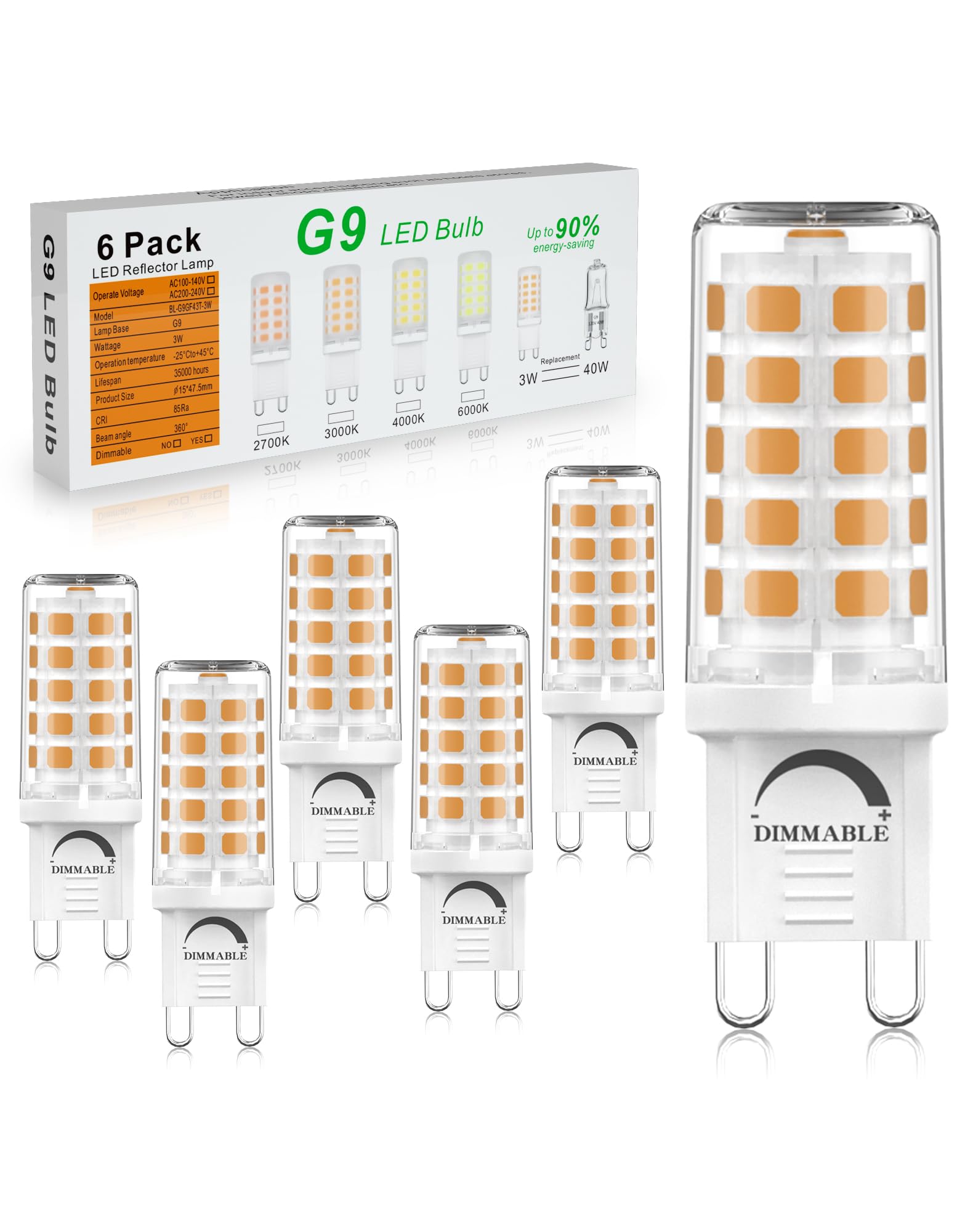 Dimmbare G9 LED Lampe Warmweiß 2700K, 3W Leuchtmittel Ersatz für 40W Halogenlampe, AC 220V Glühbirne 645LM, Kein Flackern, 360° Abstrahlwinkel, Energieeffizienzklasse A Energiesparlampe, 6er Pack