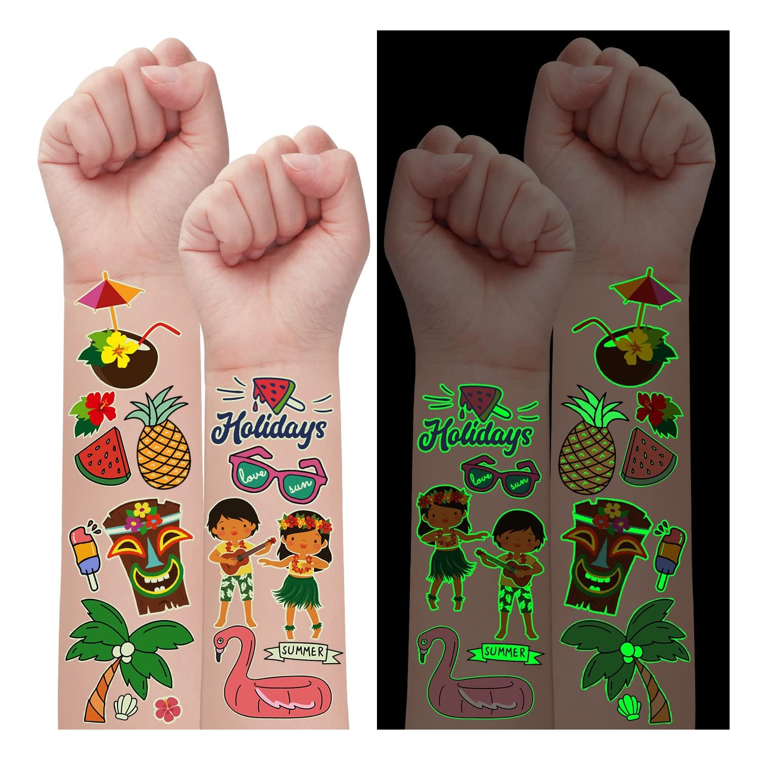 Partywind 190 Styles Luminous Hawaiian Luau Party Decorations, Glow Hawaiian Temporary Tattoos for Kids, Luau Tropical Pool Beach Party Supplies