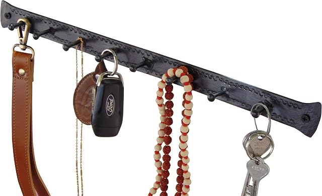 Decorative Wall Mounted Key Holder Rack with 8 Hooks  Practical Rustic Handmade Engraved Iron Hanger Vintage Organizer for Keys Clothes Hats ~ Screws and Anchors Included (Black)