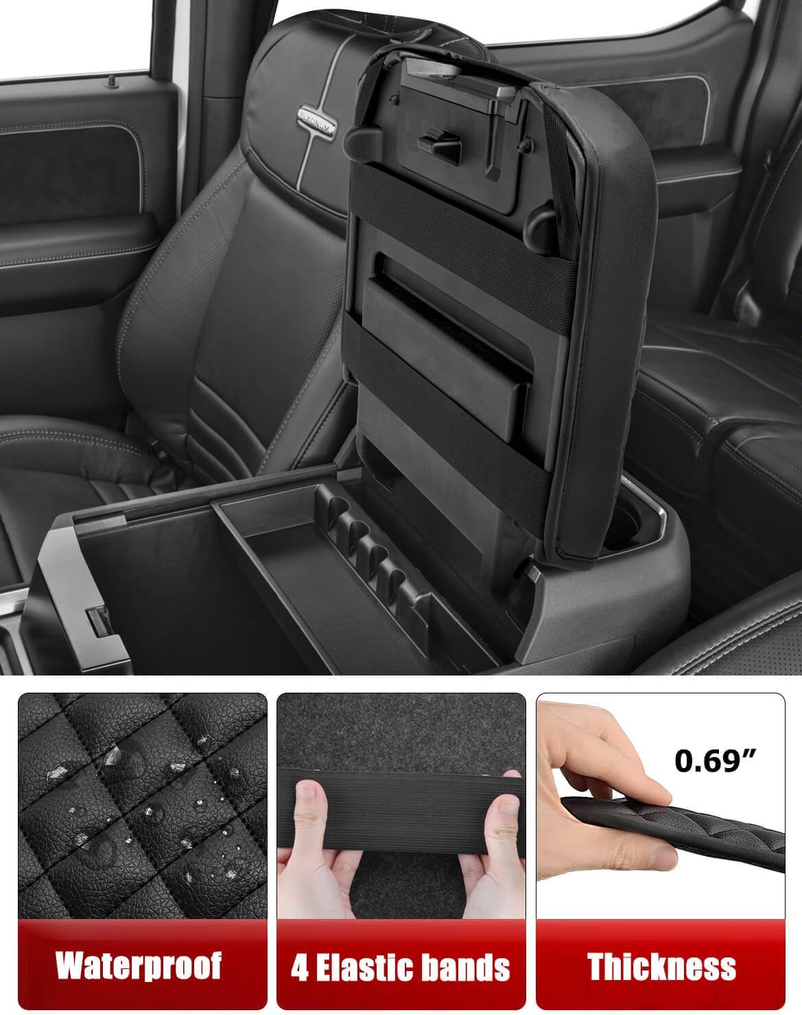 KBH Center Console Armrest Cover for 2023 2024 2025 2026 Ford F250 F350 F450 F550 Super Duty, Vinyl Leather Trim, Arm Rest Lid Cushion Protector, Anti-Scratch, Black (Fits Bucket Seat Console Only)