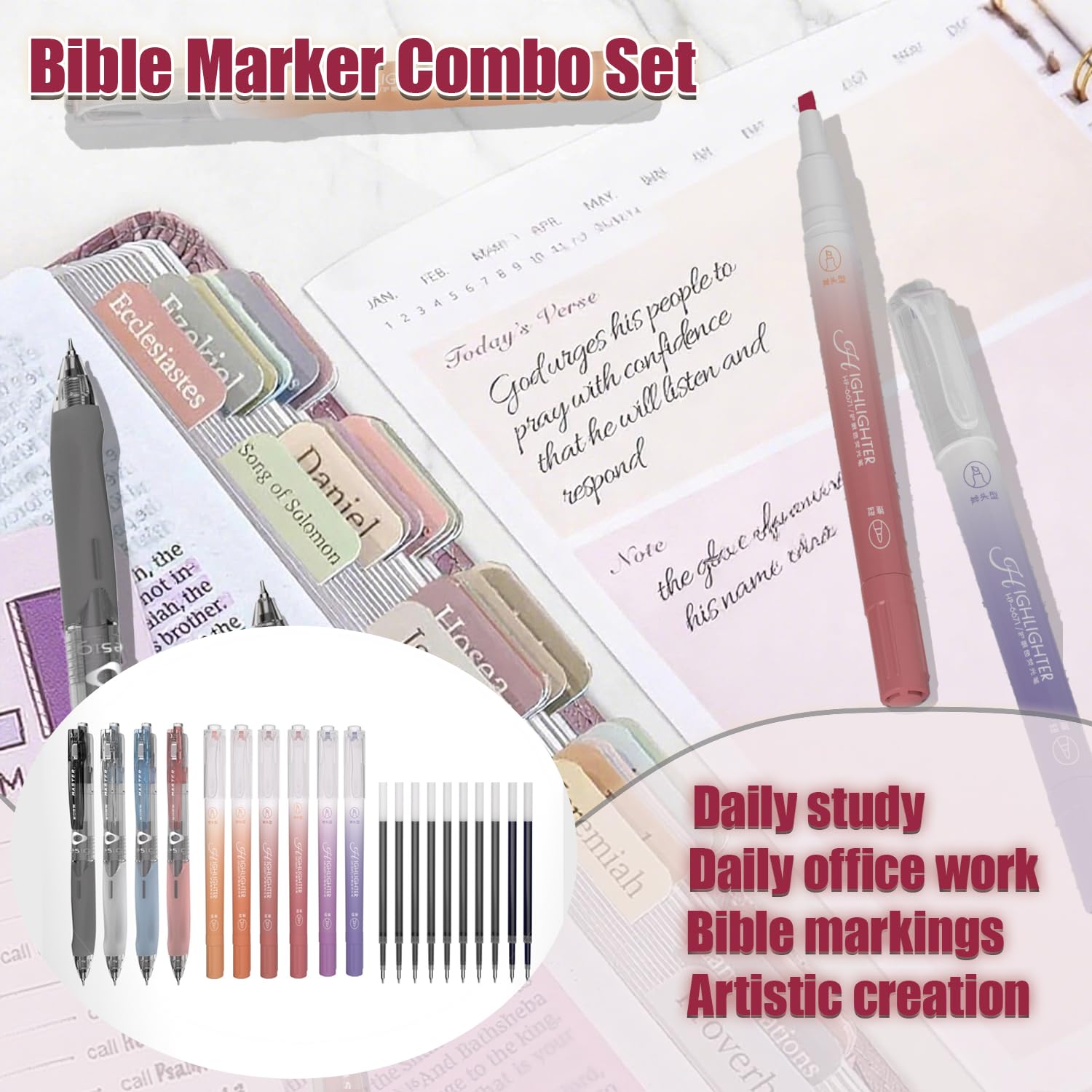 Gelstift-Set für Bibelstudium, mit Textmarkern in Rottönen, 10 Nachfüllungen, 75 Bibelindex-Tabs, kein Verlaufen, ergonomischer Griff, glattes Schreiben, perfektes christliches Geschenk für Tagebücher