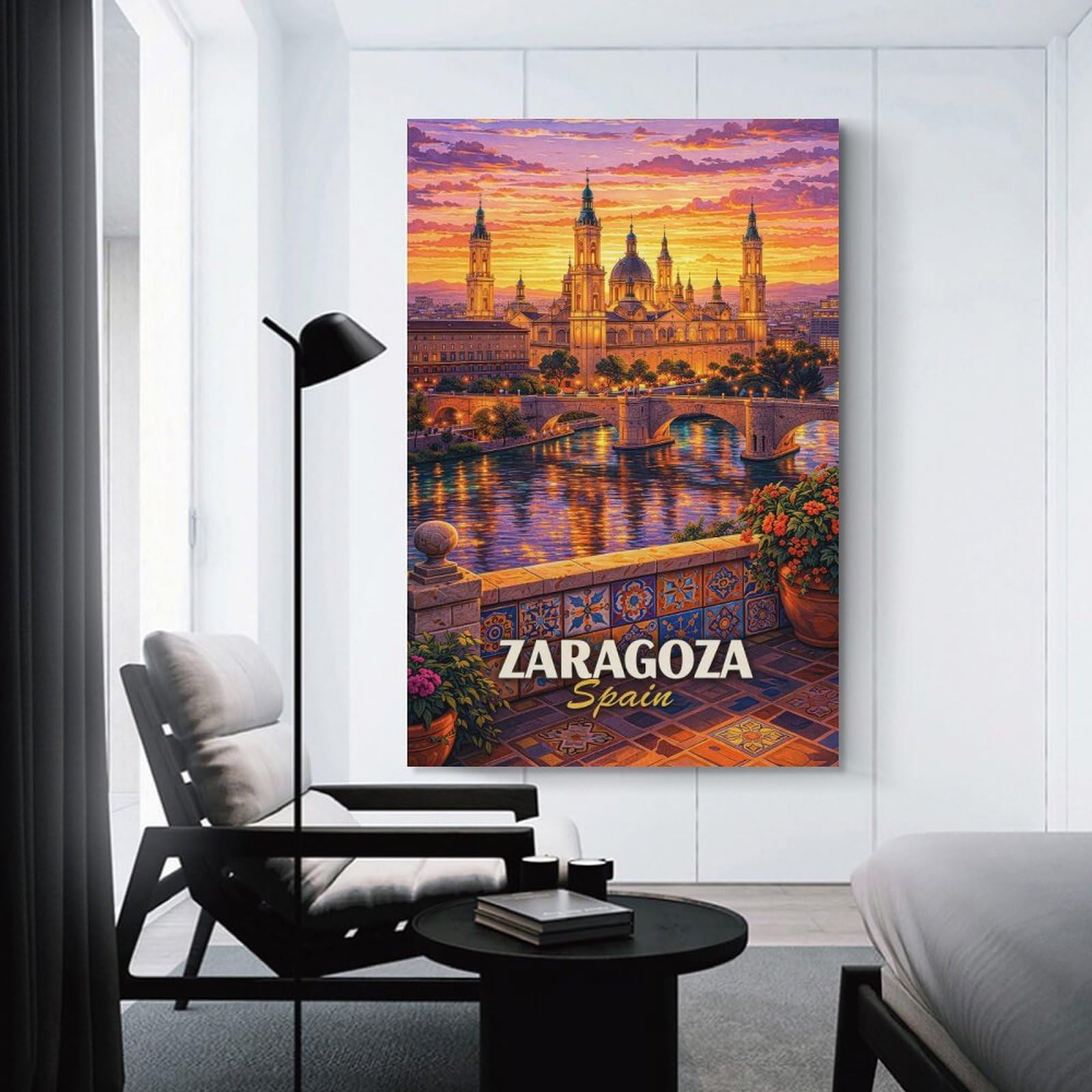 Junmoney Zaragoza Spain Cityscape at Sunset Canvas Wall Decor, 20x30inch(50x75cm), for Art Walls, Layered Displays Or Homes, Home Wall Art for Statement Displays