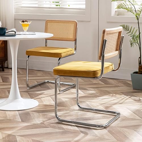 Miniatura 2 de Zesthouse Mid Century Modern Dining Chairs Set of 2, Velvet Accent Chairs with Natural Cane Back & Stainless Chrome Base, Famous Breuer Designed