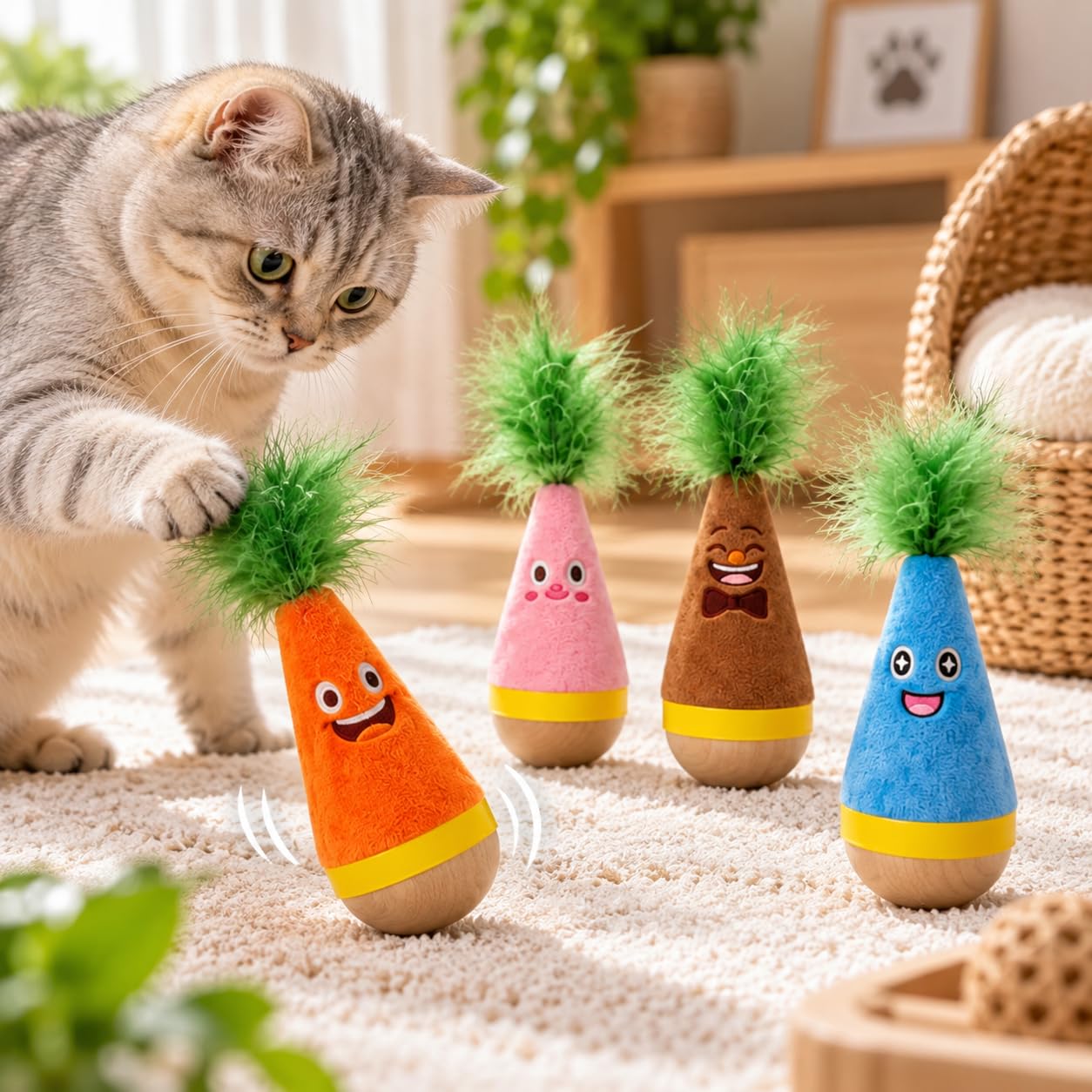Domefahaso 4‑Pack Wooden Wobble Carrot Interactive Tumbler Cat Toy