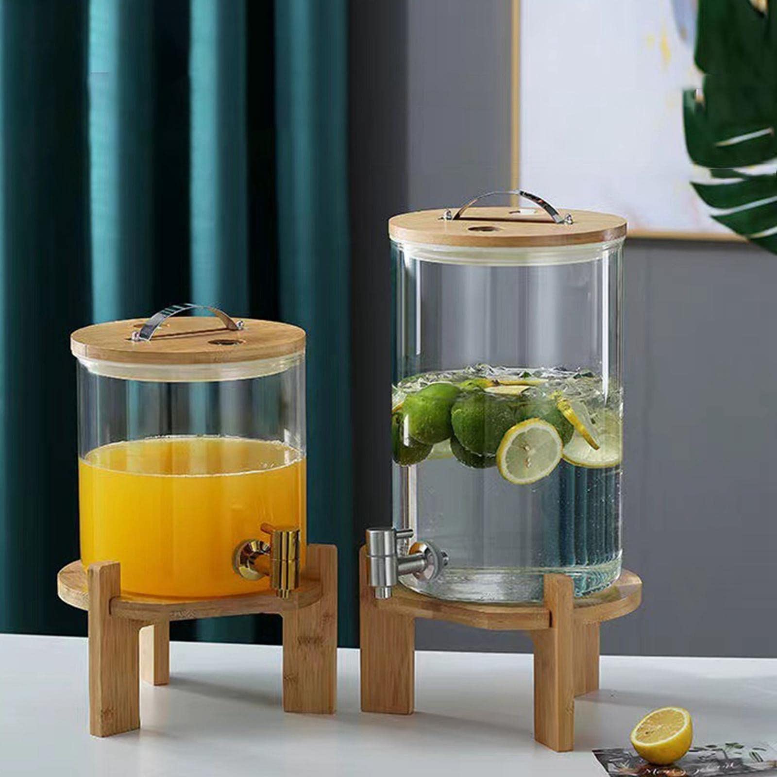 Glas Getränkespender mit Edelstahlfilter Borosilikat Getränkefass Leakproof Behälter mit Bambusdeckel Und Ventil für Restaurant Hotel Gartenparty, 8L
