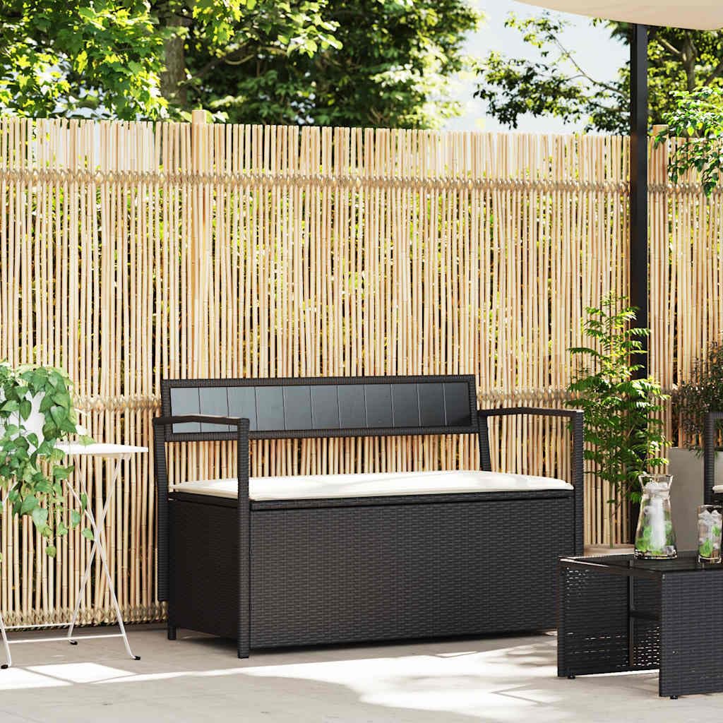 vidaXL Banco de jardín con cojín, de poliratán Negro