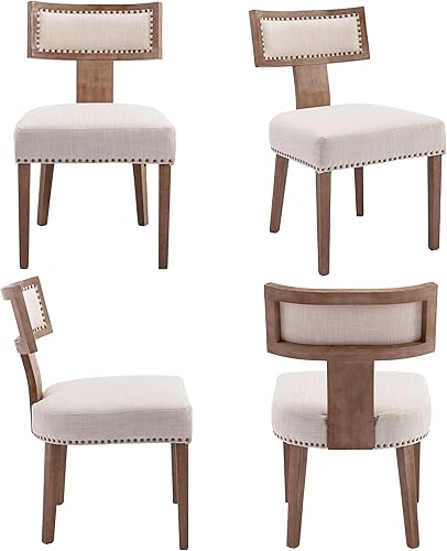 Miniatura 8 de VESCASA Sillas de comedor tapizadas de lino con patas de madera natural, modernas sillas de comedor acolchadas con ribete de cabeza de clavo con