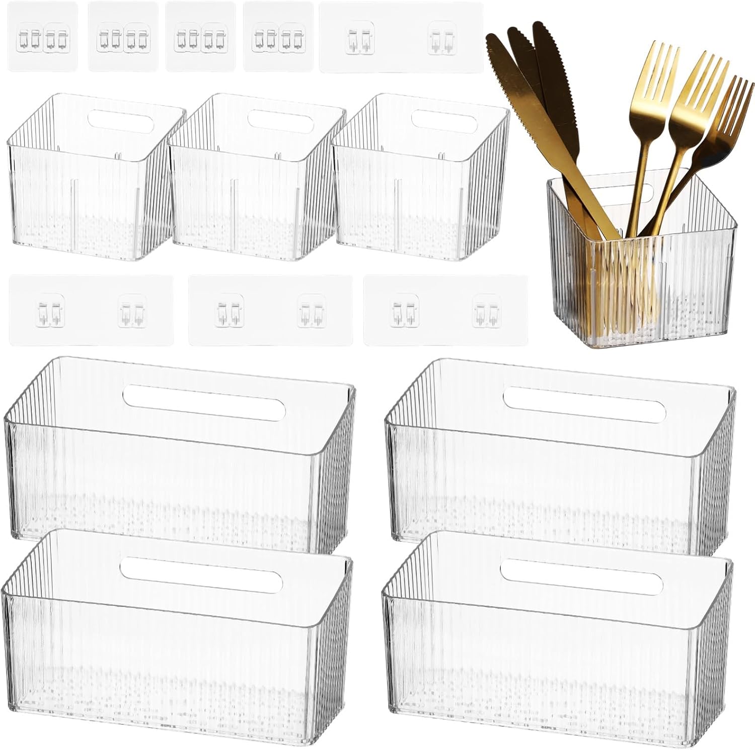 8 Pcs Under Sink Drawer Organizers, Clear Plastic with Hooks, Cabinet Door Hanging Baskets, Wall Mount Bathroom Fridge Pantry Storage with Drain Holes