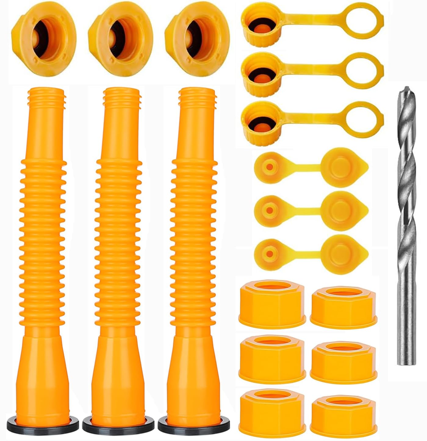 QJIUBA Gas Can Spout Replacement Kit, Gas Can Nozzle, 1/2/5/10 Gallon, Yellow, Gasoline, HDPE, Includes Nozzle, Vent Caps, Rubber Gasket, Drill Bits, Auxiliary Base Cap