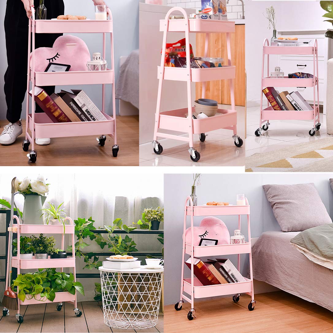 ZYFA Carrello Cucina a 3 Piani Servizio,con Rotelle Bloccabili, Scaffale Portaoggetti Mobile in Acciaio,Carrello Portaoggetti Multiuso, Carrello Salvaspazio, Scaffale Rete Metallica Contenitori