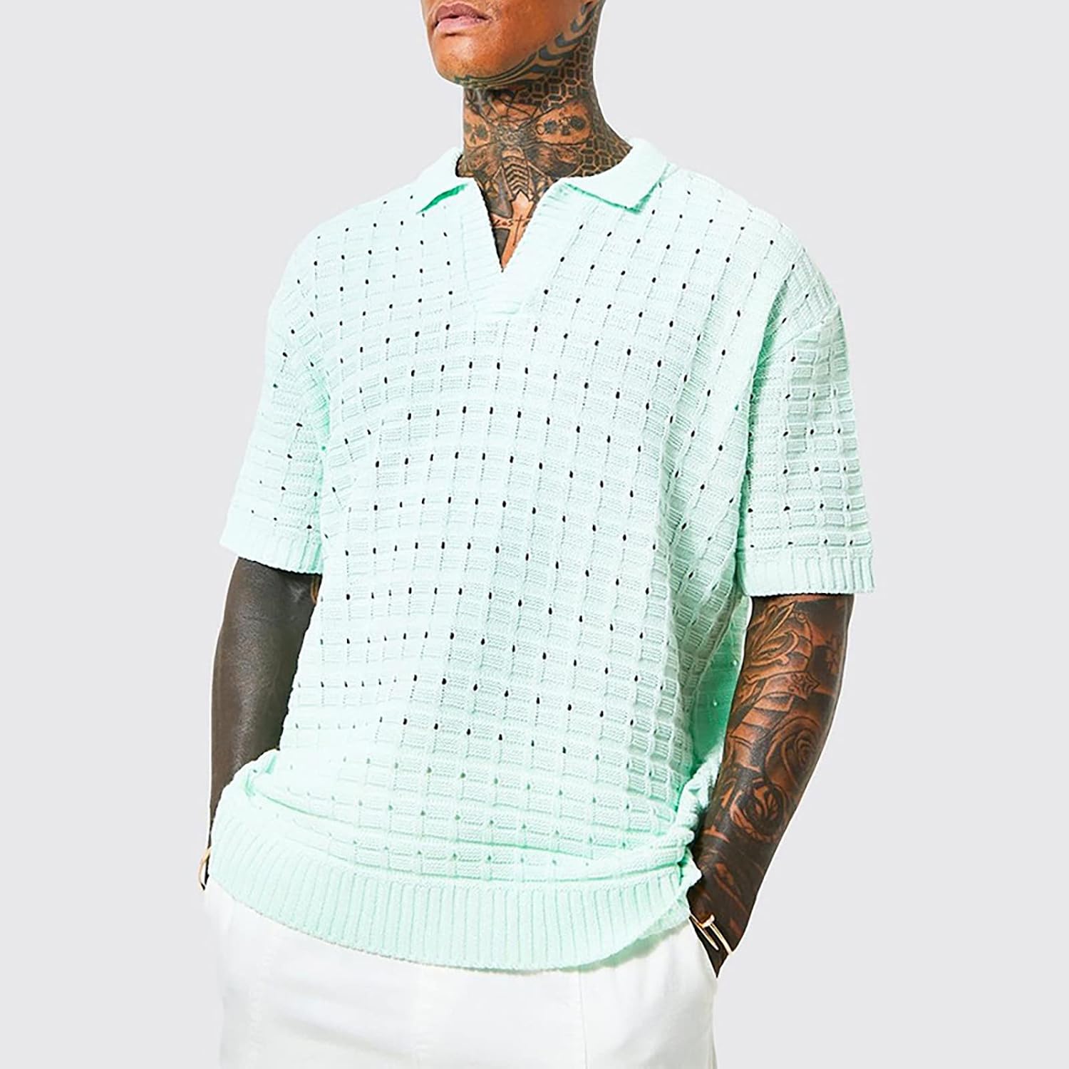 Ymosrh Men's Shirts Loose Knit Short Sleeve Solid Color Fashion Casual V-Neck Shirt Polo T Shirts, M-3XL