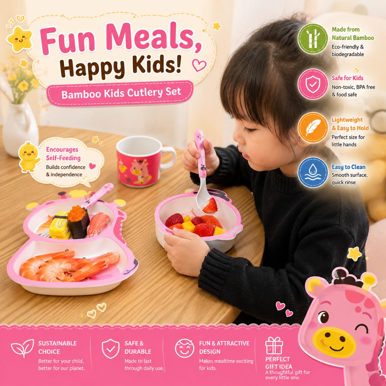 Bamboo Kids Dinnerware Set | 5 Piece Kids Feeding Set with Plate, Bowl, Cup, Spoon & Fork | BPA Free, Food Grade, Lightweight & Durable | Baby Feeding Essentials Gift for Boys & Girls 4