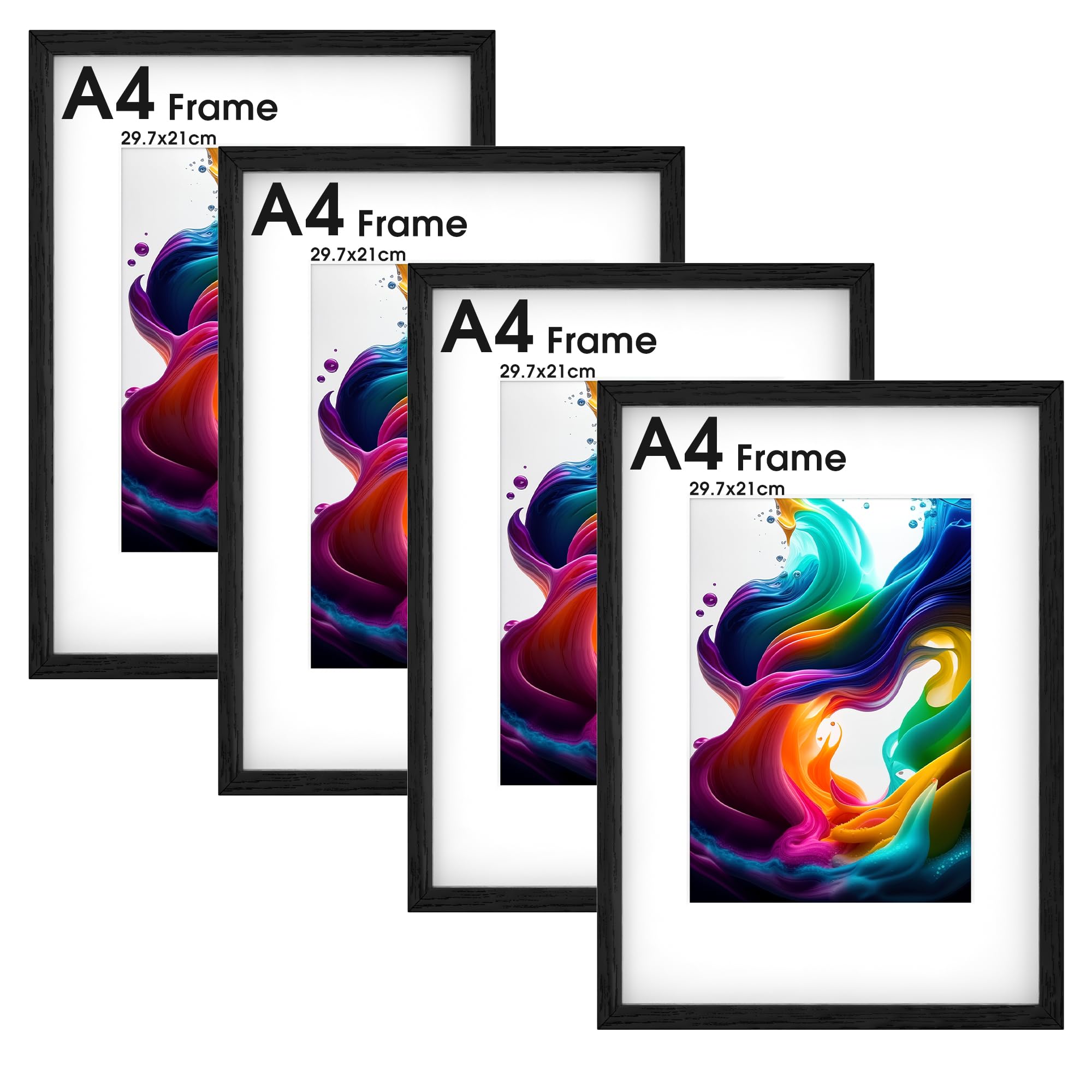HueeeJot A4 Frame 4 Pack - A4 Picture Frame with Stand Tabletop or Wall Hanging - Engineered Wood Photo Frames Suitable for Artwork, Family Photos, and Gifts for Friends and Relatives, Black — image 1