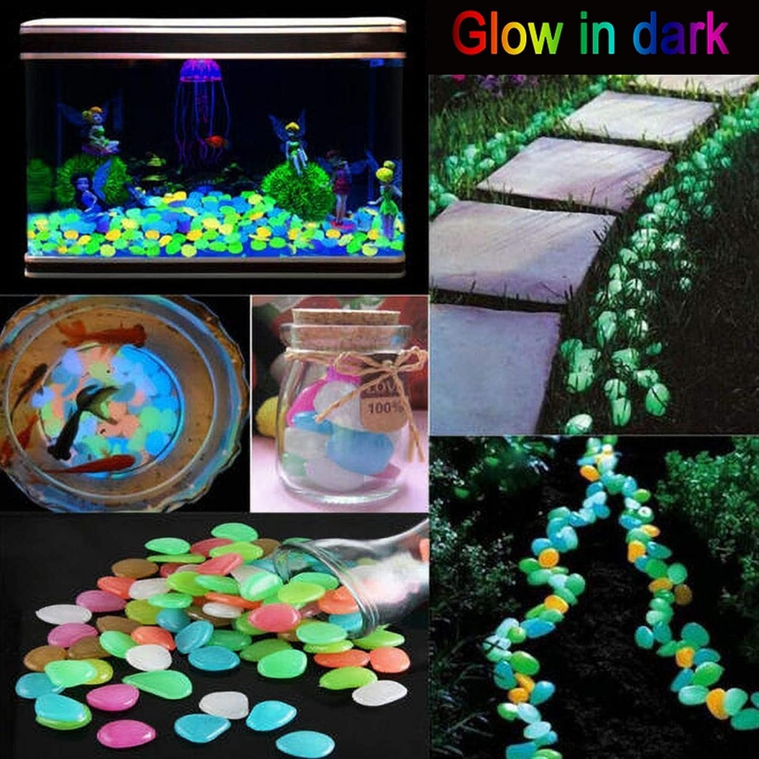 Guijarros brillantes for pecera, guijarros de jardín, rocas que brillan en la oscuridad al aire libre, 1200/1800 piezas de rocas azules brillantes for jardín al aire libre, lecho de flores, pasarela f