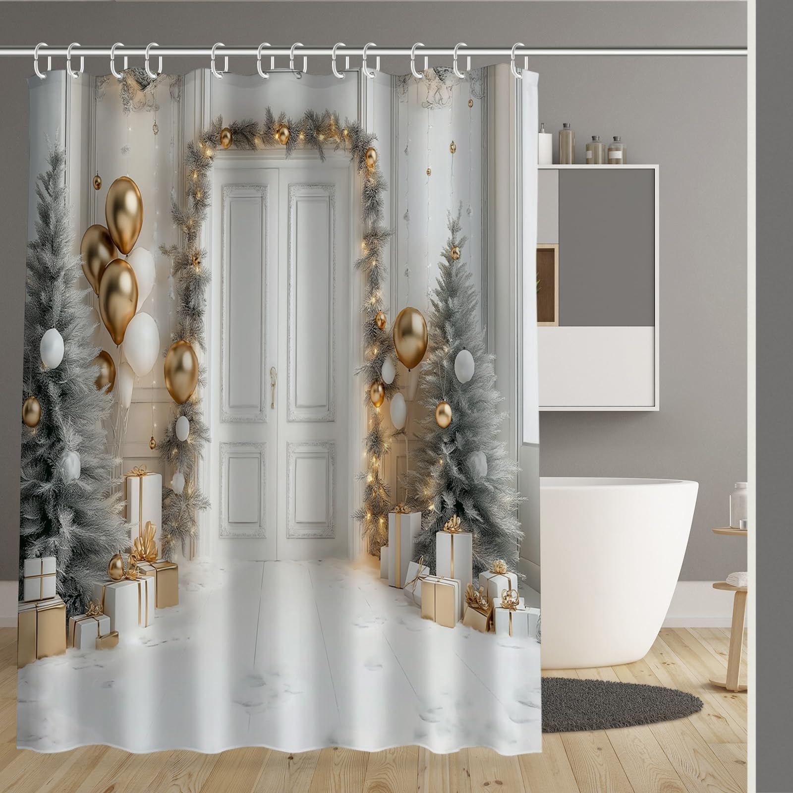 Rideau de douche 180x180cm rideau de baignoire Noël en polyester avec 12 crochets