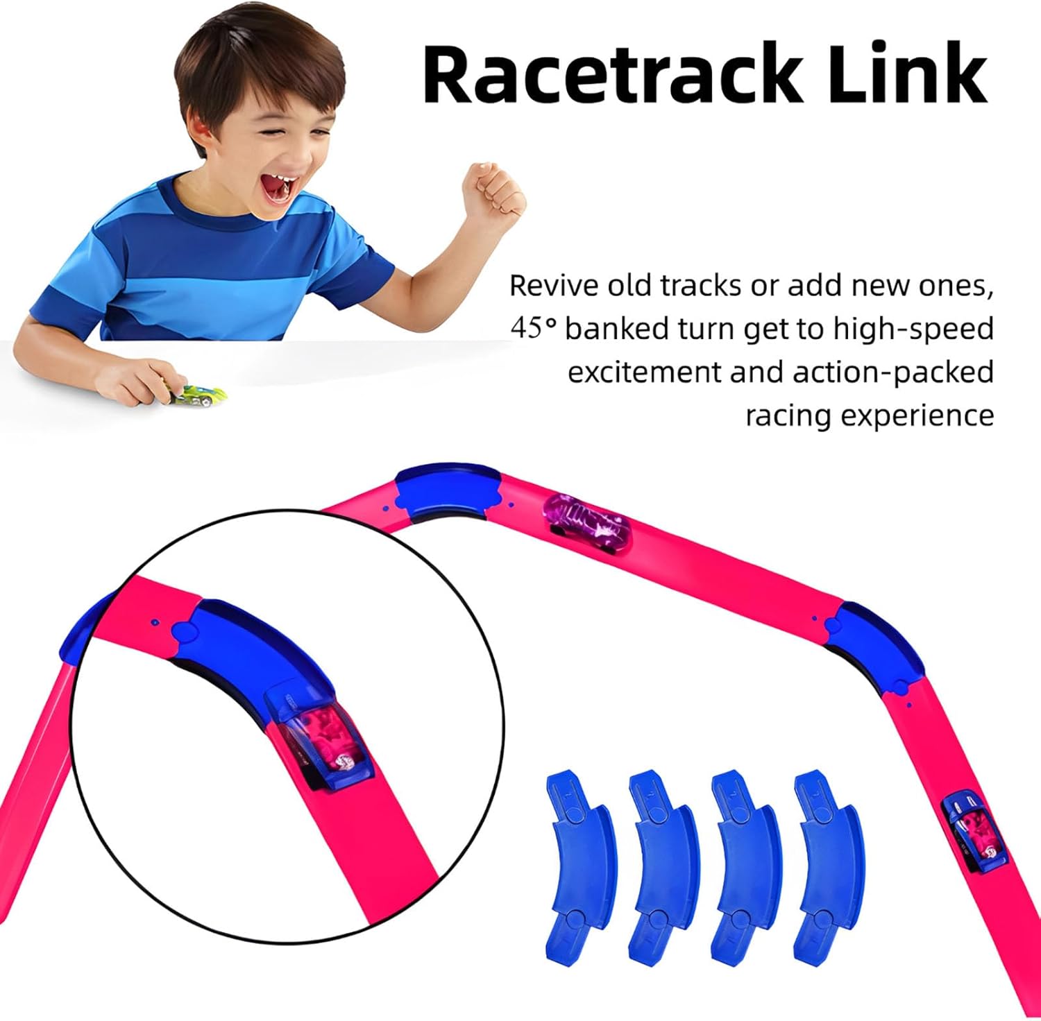 K TOMOTO 45 Degree Curved Track Pieces Compatible with Hot Wheels, Banked Turn Racetrack Connector, 8 Packs