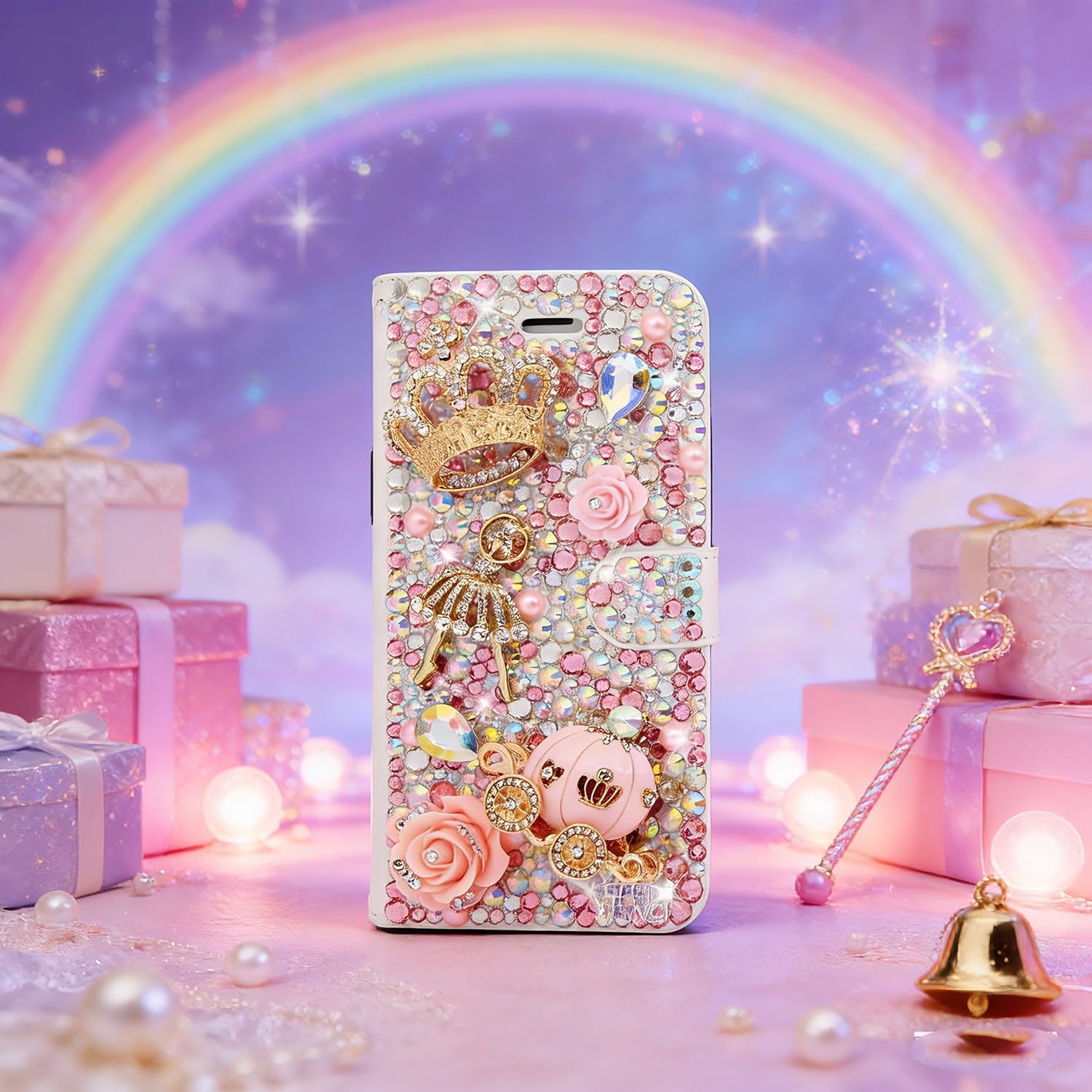 Glitter Wallet Case for iPhone 12 Pro Max - Girls Women 3D Luxury Shiny Leather Cover with Screen Protector, White Floral Pearl Crystal Phone Strap - Pink Crown Ballet Girl Pumpkin Car
