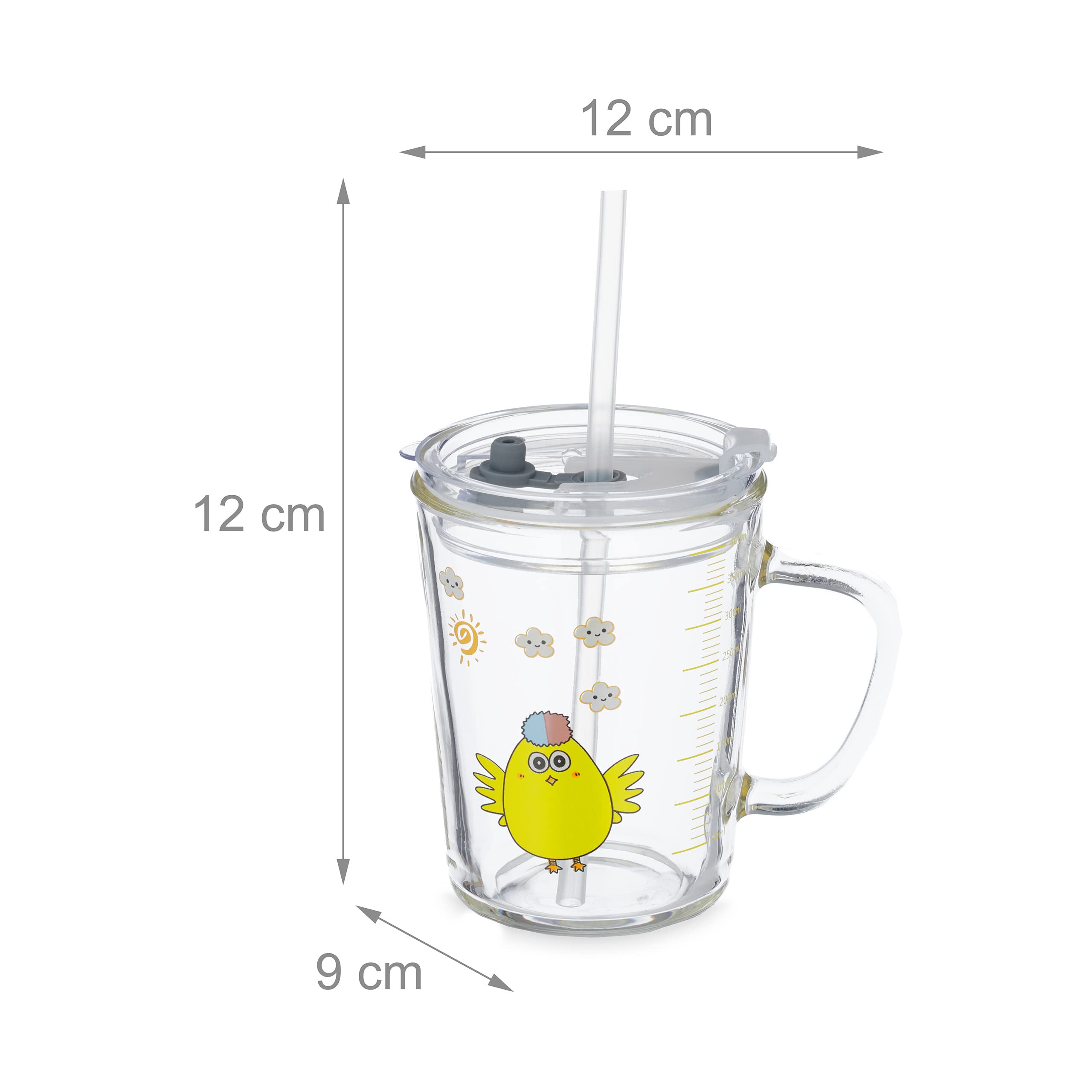 Relaxdays Set da 2 Tazze per Bambini, Vetro, Silicone, ABS, con Cannuccia, Manico e Tappo, 400 ml, Pulcino, Trasparente
