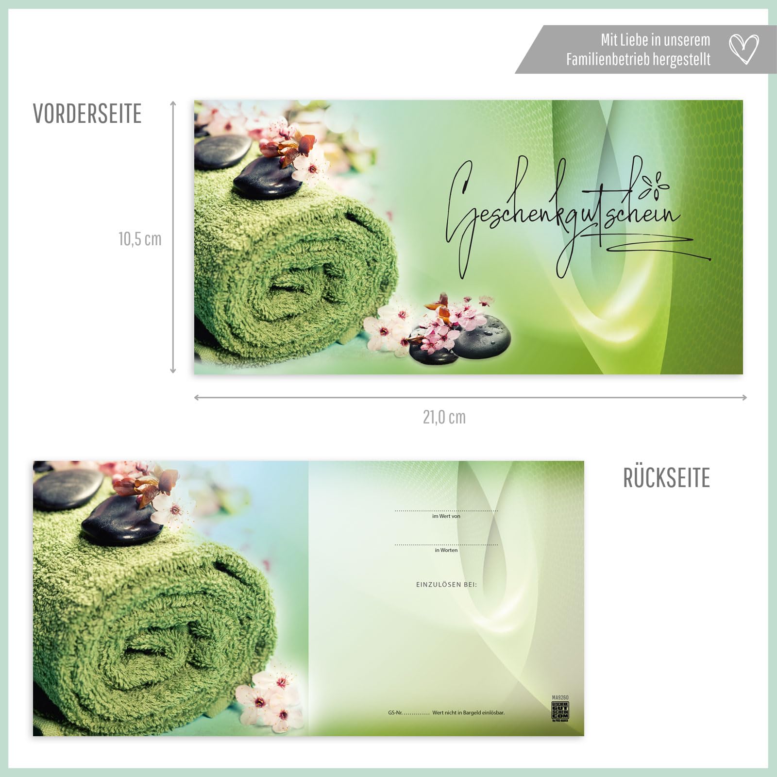 GESCHENKGUTSCHEINcom Gutschein-Set - 50 Gutscheine mit Umschlag & Schleife für Kosmetiksalon Wellness Massageinstitute, blanko zum selber Ausfüllen