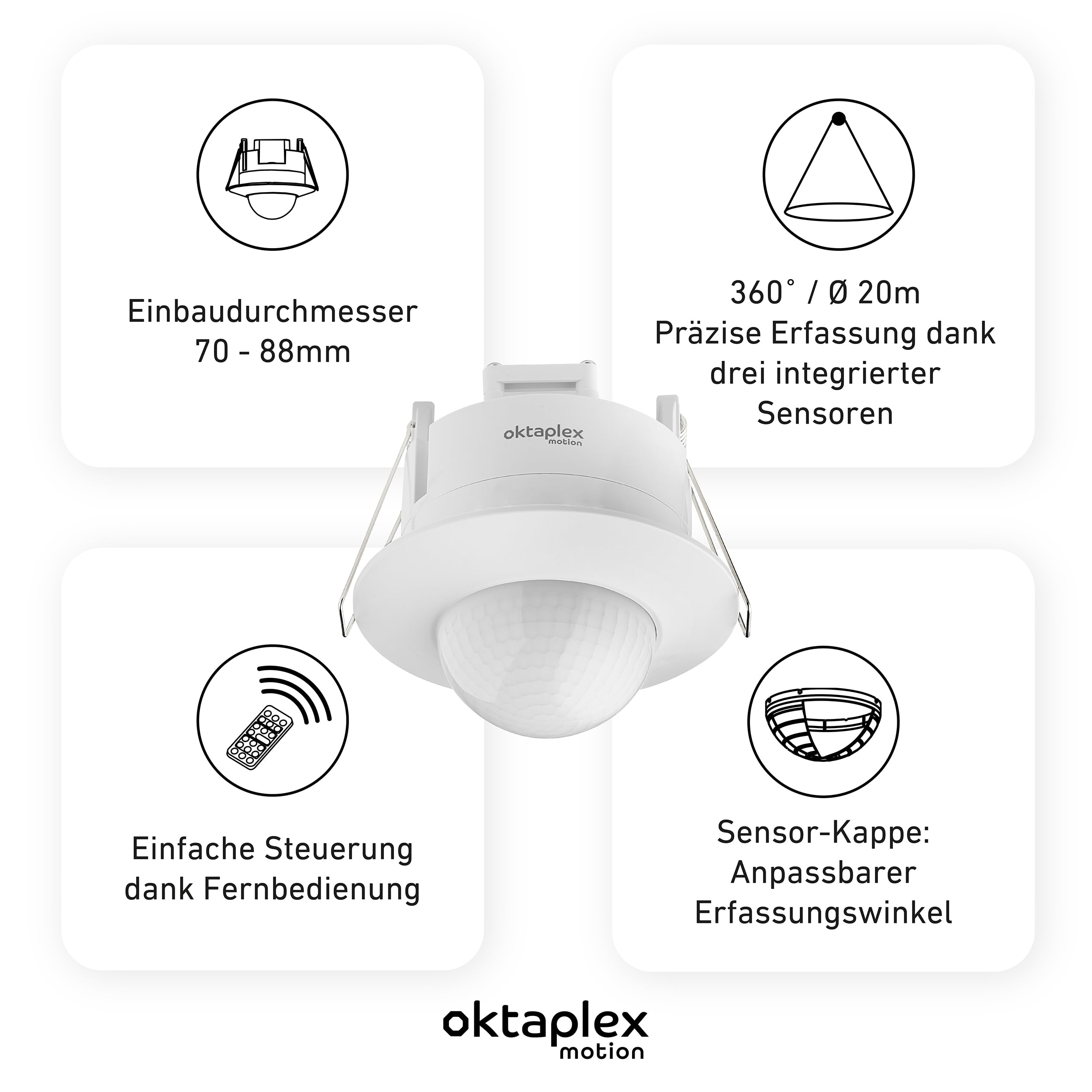 Oktaplex 2er Set Sam Einbau Bewegungsmelder 360° inkl. Fernbedienung Infrarot Bewegungssensor 230V Anwesenheitssensor Unterputz Innen weiß