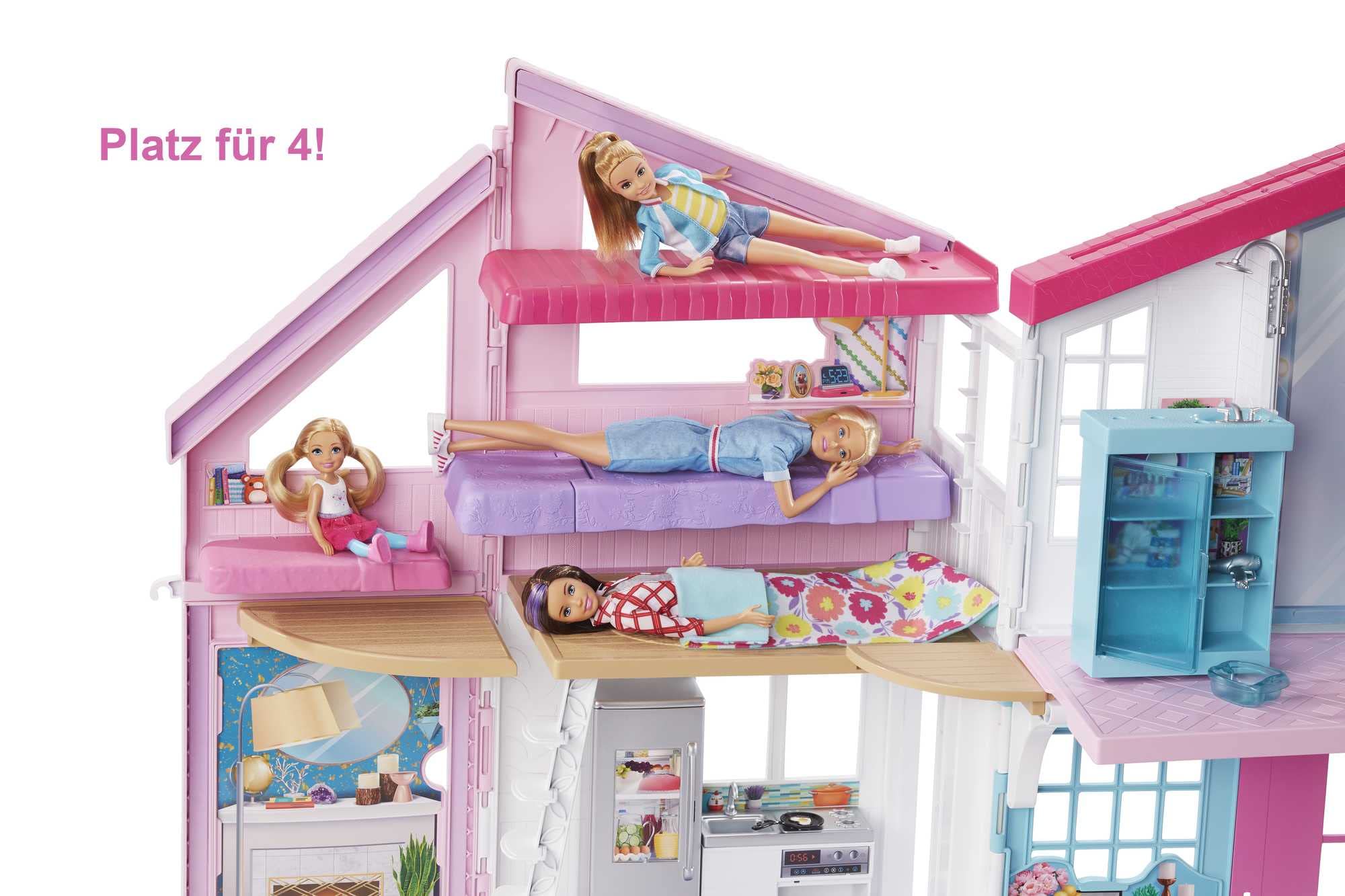 Barbie Malibu Haus, zweistöckige Traumvilla, mit 6 Zimmern, 25 Zubehör, Puppen, als Geschenk für Kinder ab 3 Jahren geeignet, FXG57