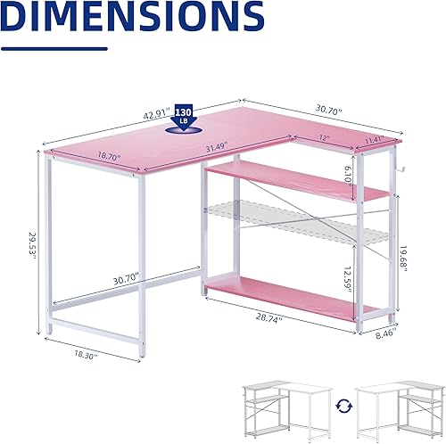 Miniatura 3 de Pamray - Escritorio pequeño en forma de L de 43 pulgadas con estantes de almacenamiento reversibles, escritorio de esquina para espacios pequeños,
